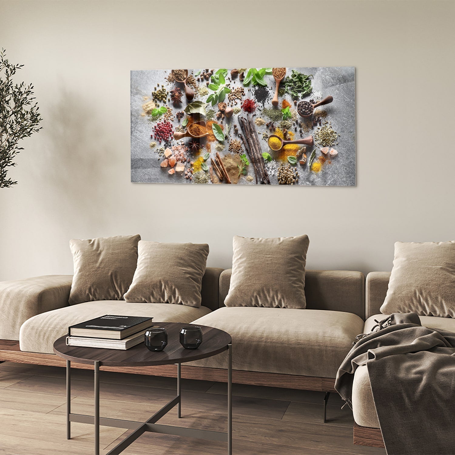 Farbenfrohes Glasbild mit Kräutern und Gewürzen – Glasbild aus Sicherheitsglas, Größe 90x60