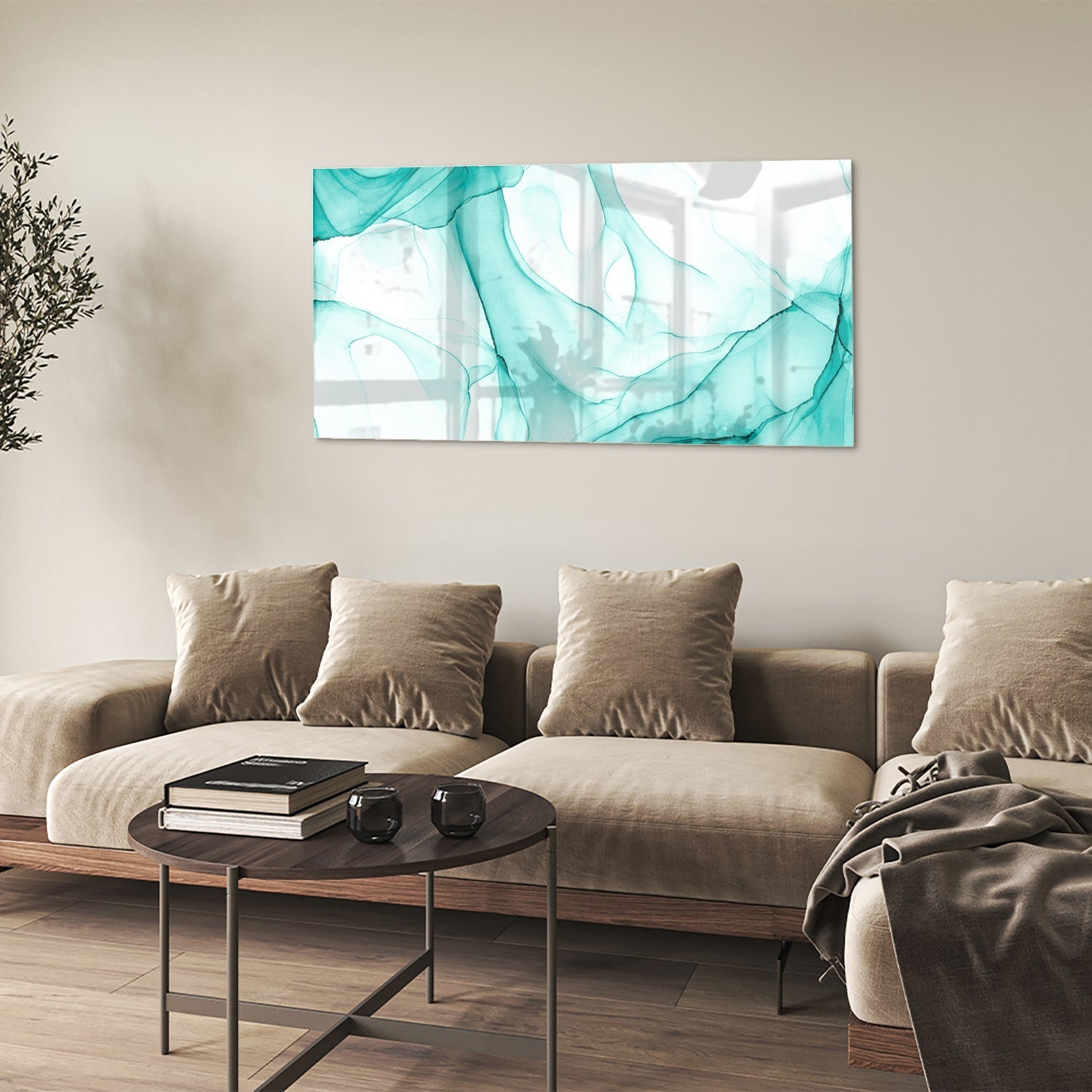 Hellblaues abstraktes Glasbild für elegante Innenräume – Glasbild aus Sicherheitsglas, Größe 90x60