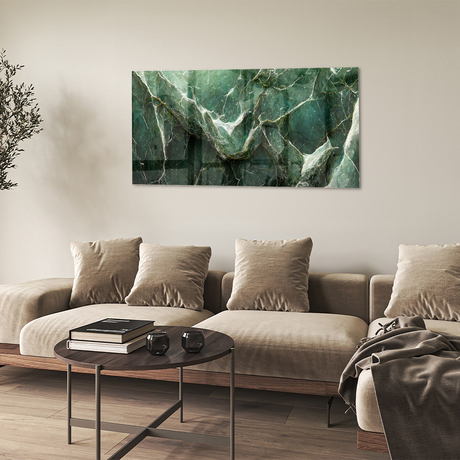 Glasbild mit grüner Marmoroptik – Glasbild aus Sicherheitsglas, Größe 90x60