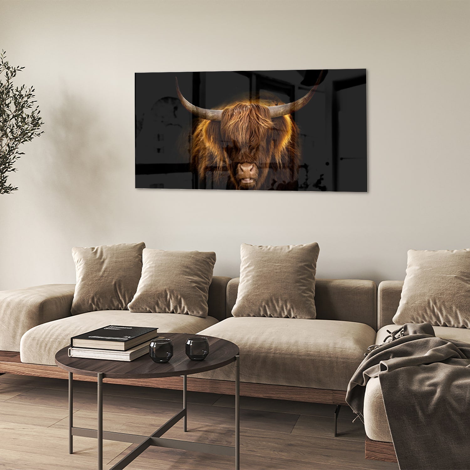 Beeindruckendes Glasbild mit Highland-Rind – Glasbild aus Sicherheitsglas, Größe 90x60