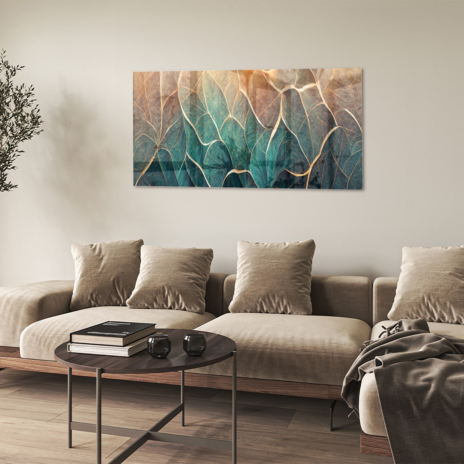 Glasbild mit Blättern und goldenen Linien – Glasbild aus Sicherheitsglas, Größe 90x60