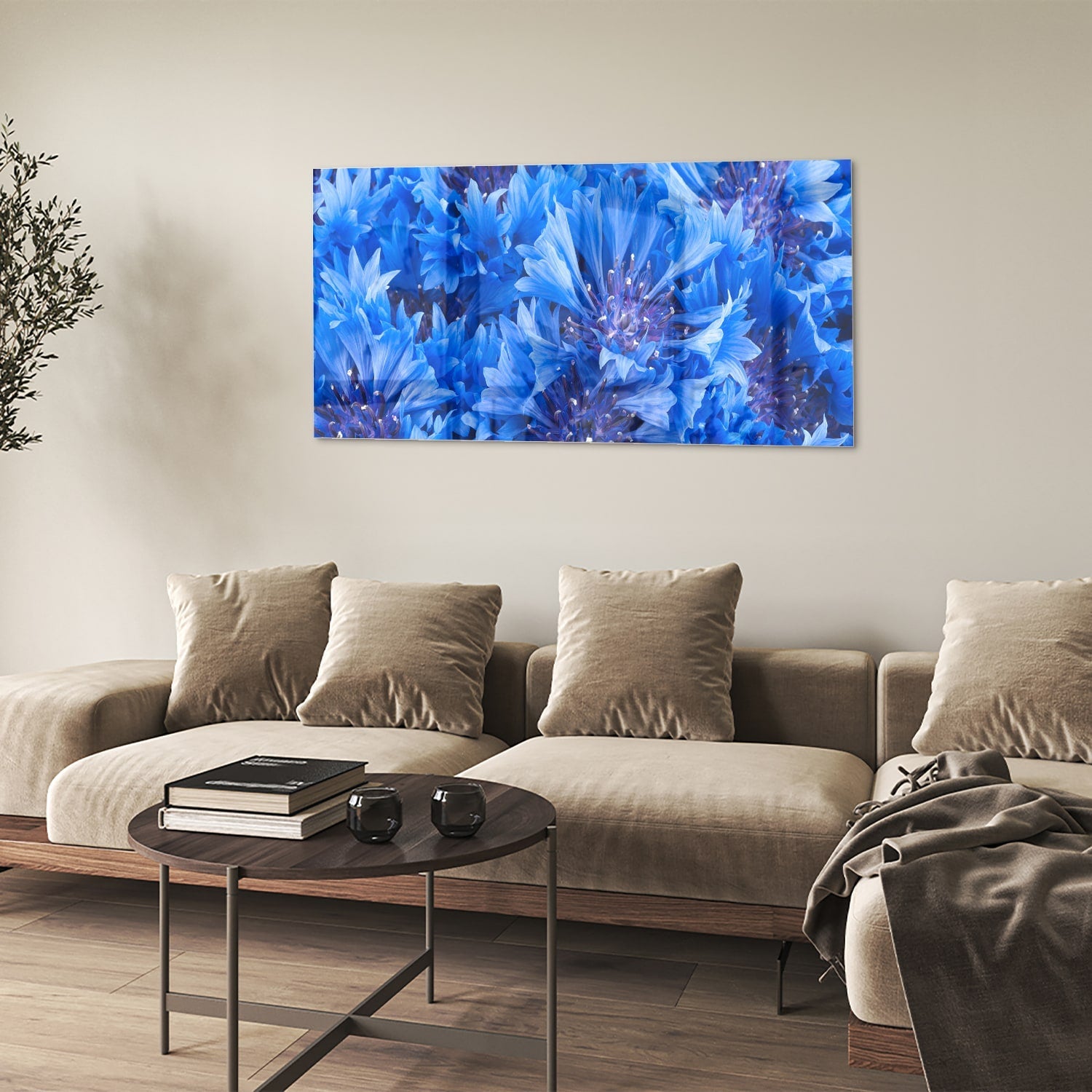 Blaues Glasbild mit Blumenmotiv – Glasbild aus Sicherheitsglas, Größe 90x60