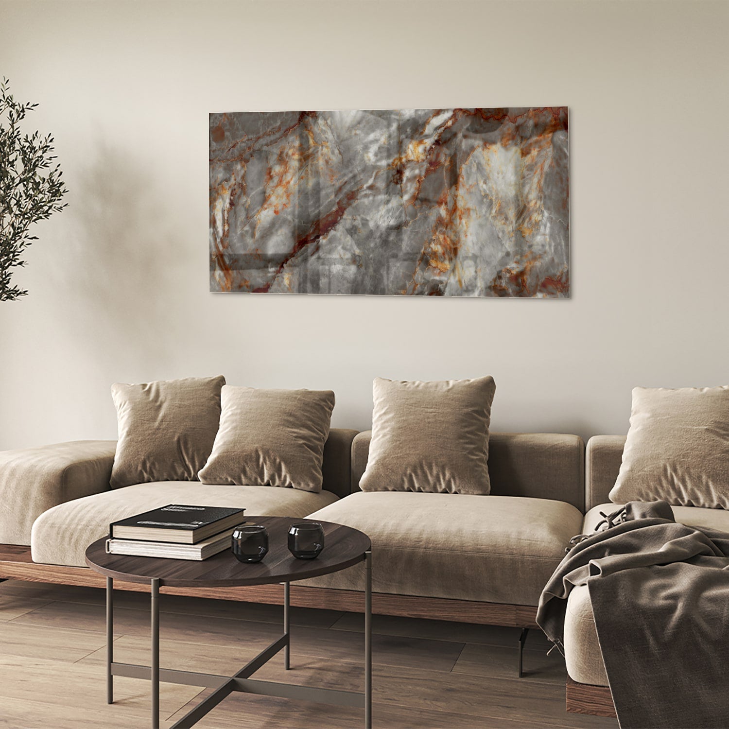 Glänzendes Glasbild mit Marmoroptik in Grau – Glasbild aus Sicherheitsglas, Größe 90x60