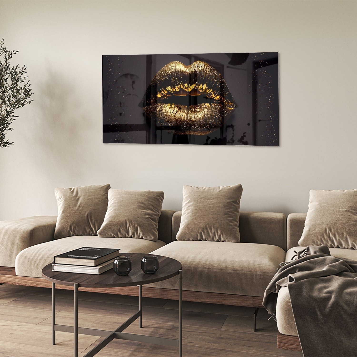 Glasbild mit goldenen Lippen für ein luxuriöses Interieur – Glasbild aus Sicherheitsglas, Größe 90x60