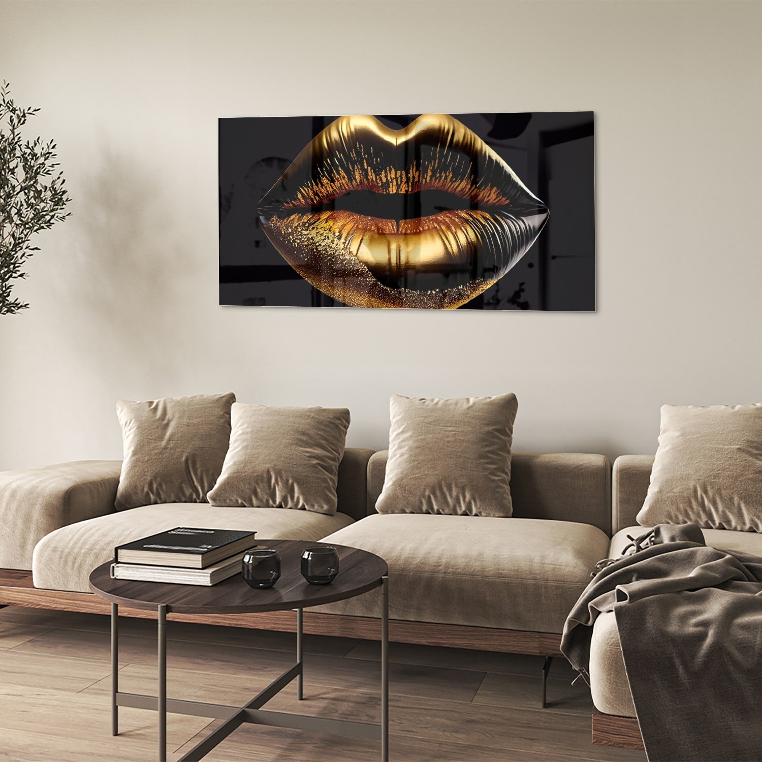 Glasbild mit goldenen Lippen – elegante Wanddekoration – Glasbild aus Sicherheitsglas, Größe 90x60