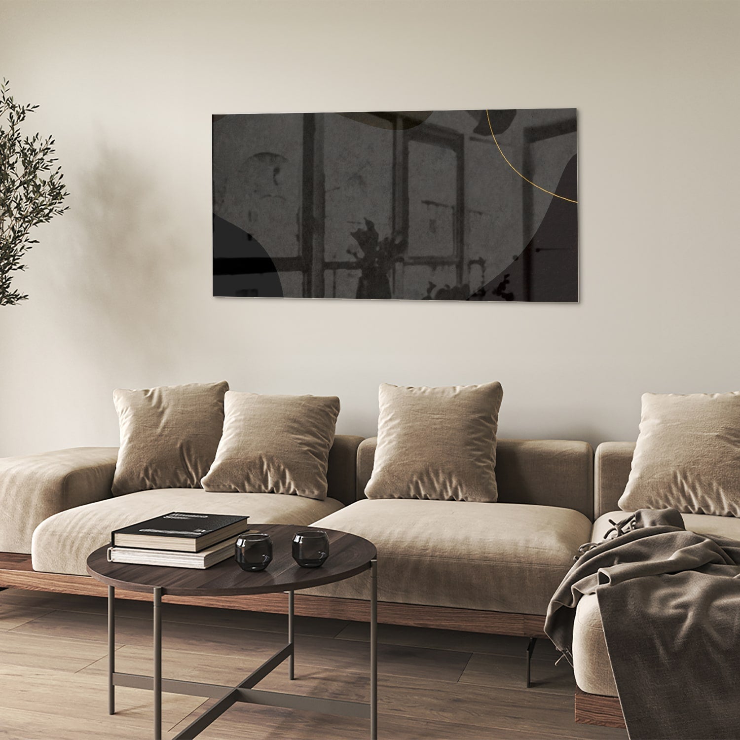 Modernes Glasbild mit abstrakten Formen in Schwarz – Glasbild aus Sicherheitsglas, Größe 90x60