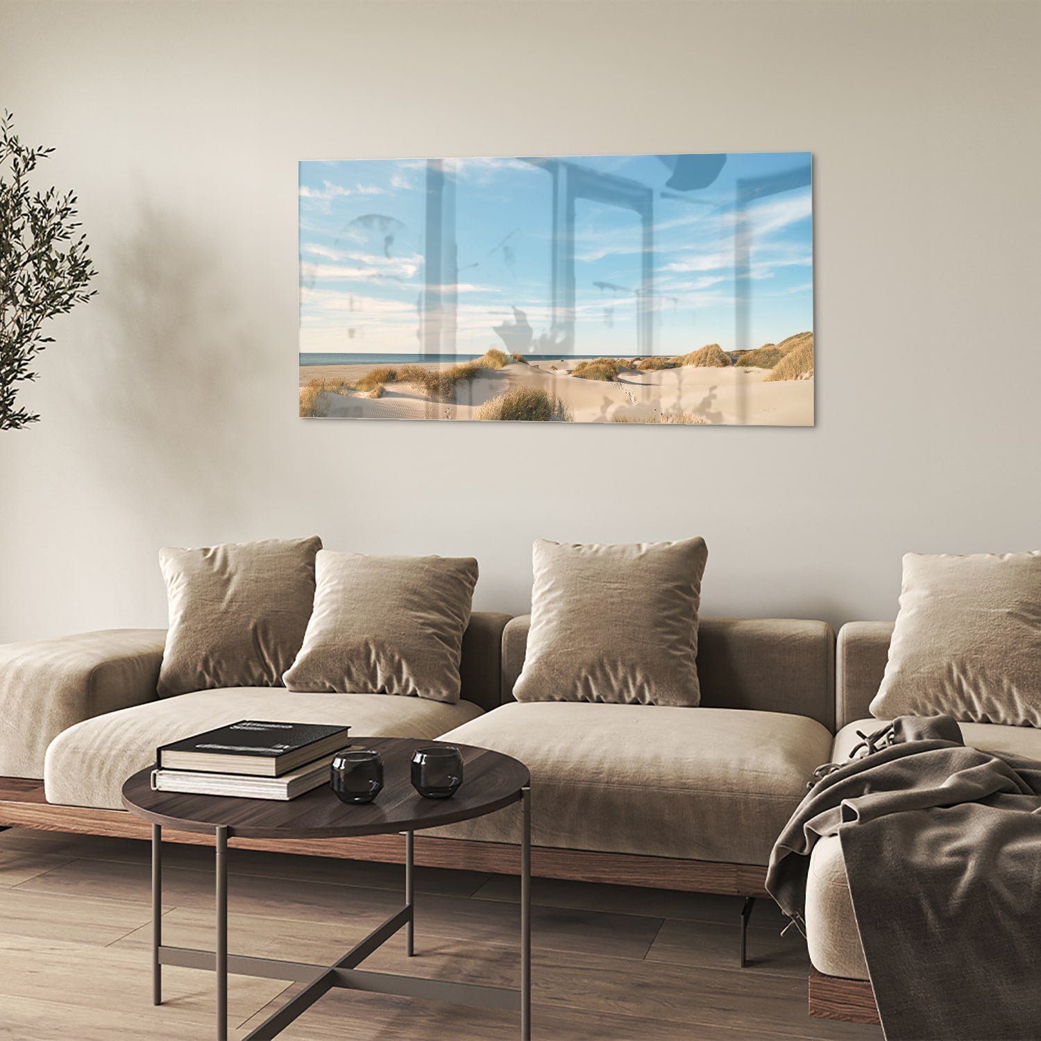 Glasbild mit Dünen und blauem Himmel – Glasbild aus Sicherheitsglas, Größe 90x60