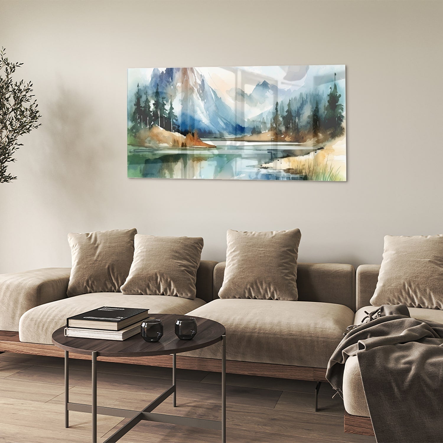 Glasbild mit Bergen und See im Aquarellstil – Glasbild aus Sicherheitsglas, Größe 90x60
