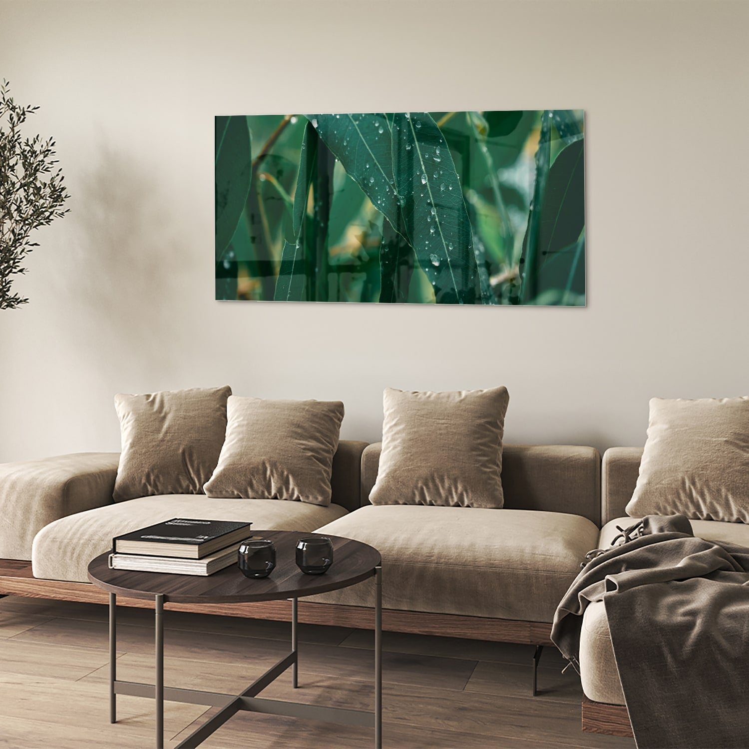 Glasbild mit grünen Blättern und Tautropfen – Glasbild aus Sicherheitsglas, Größe 90x60