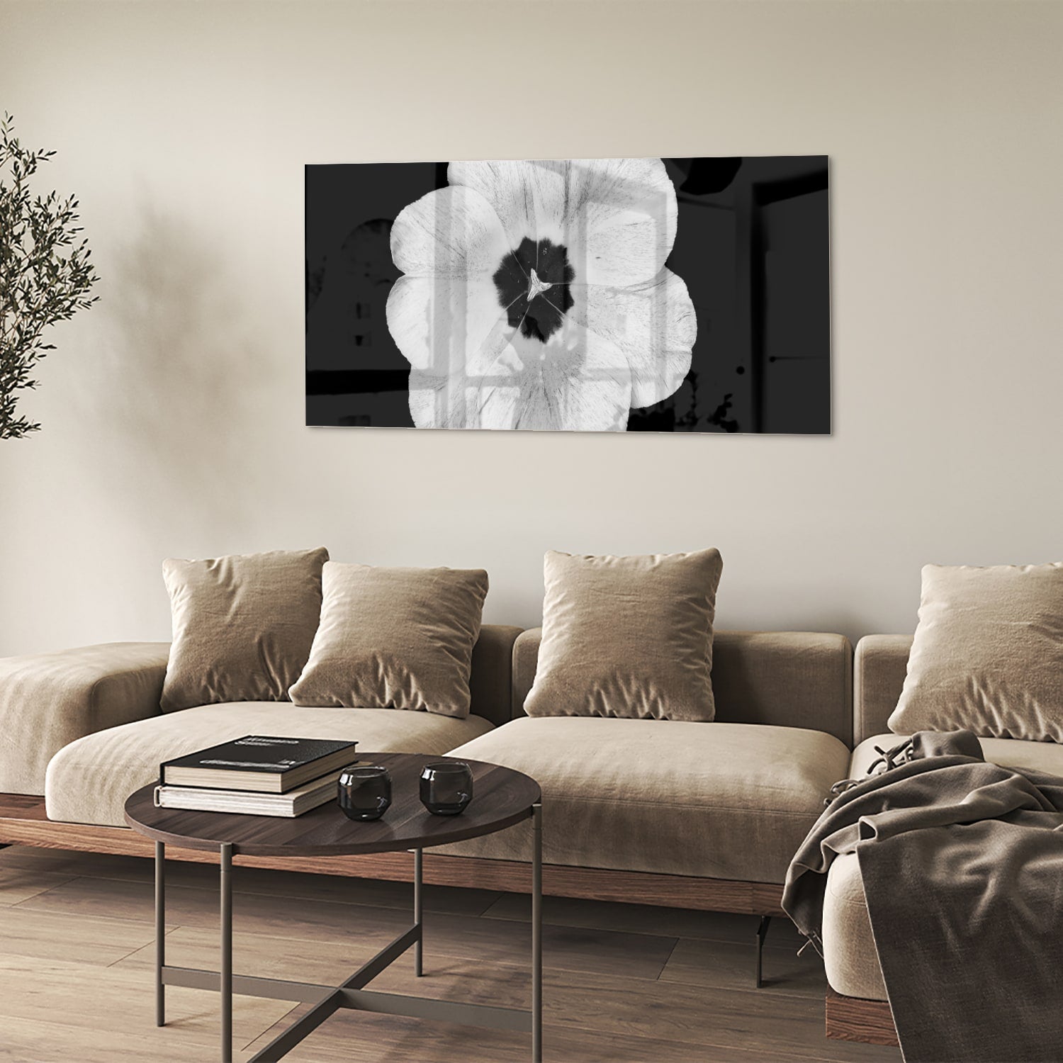 Glasbild mit einer weißen Blume auf schwarzem Hintergrund – Glasbild aus Sicherheitsglas, Größe 90x60