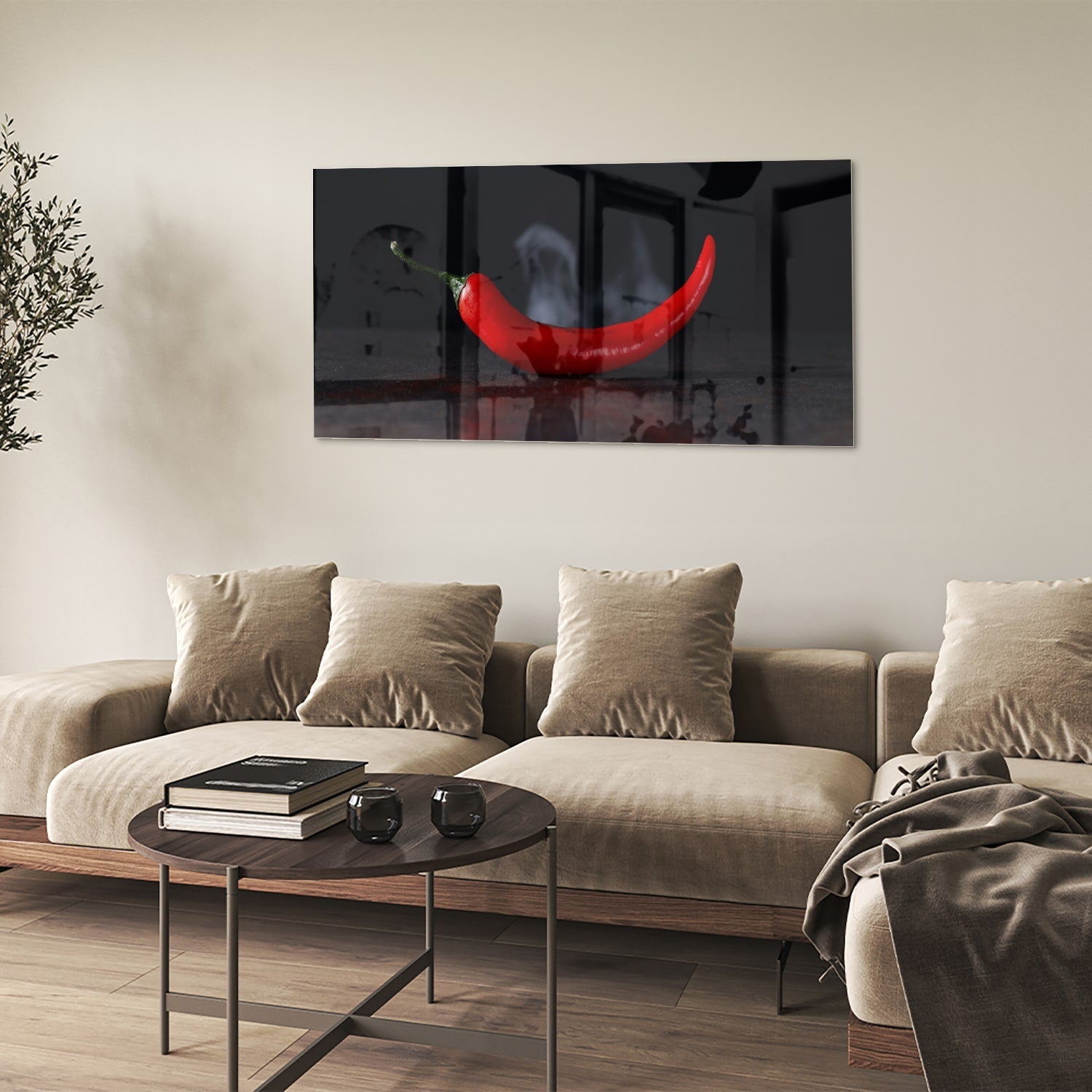 Glasbild – Tiefrote Paprika auf schwarzem Hintergrund – Glasbild aus Sicherheitsglas, Größe 90x60