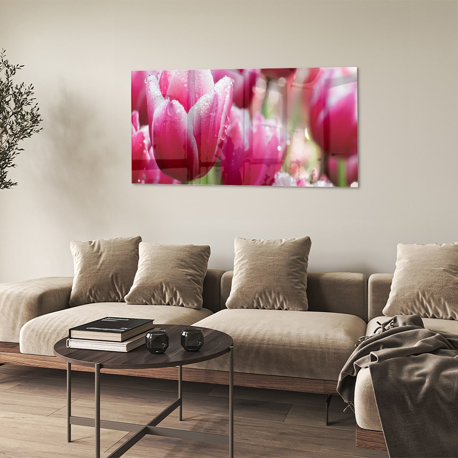 Glasbild mit bezaubernden rosa Tulpen – Glasbild aus Sicherheitsglas, Größe 90x60
