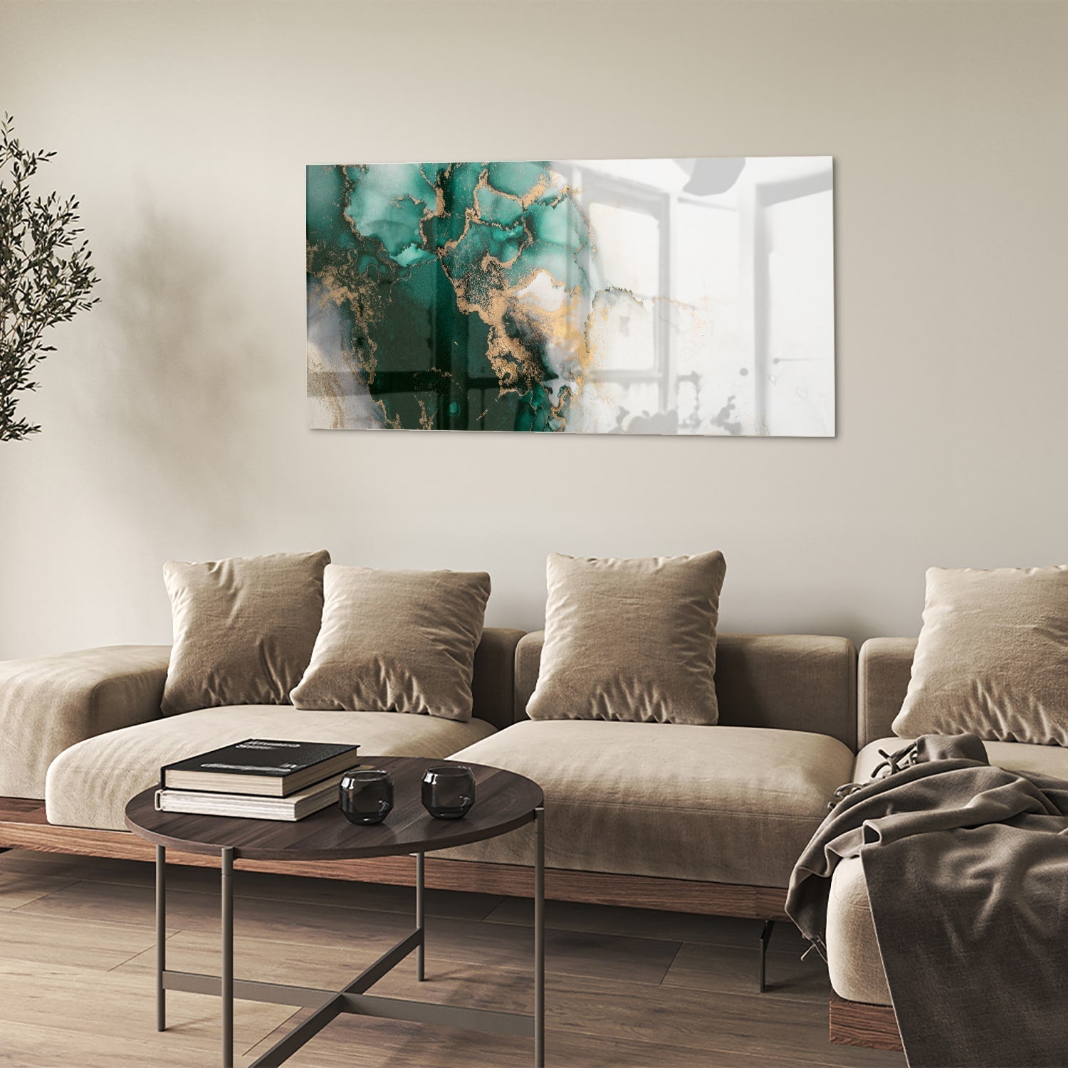 Elegantes Glasbild in grünen Farbtönen – Glasbild aus Sicherheitsglas, Größe 90x60