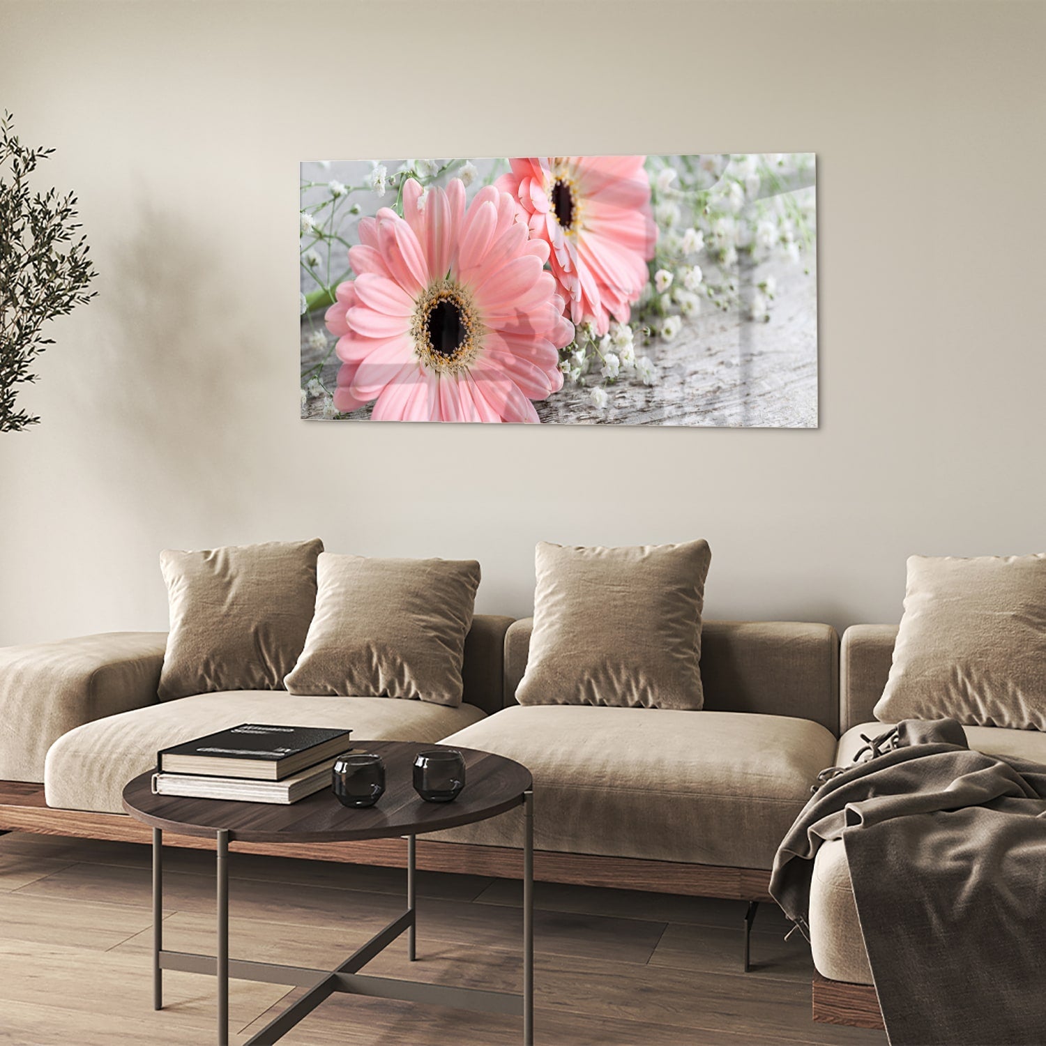 Rosafarbenes Gerbera-Glasbild für ein modernes Zuhause – Glasbild aus Sicherheitsglas, Größe 90x60