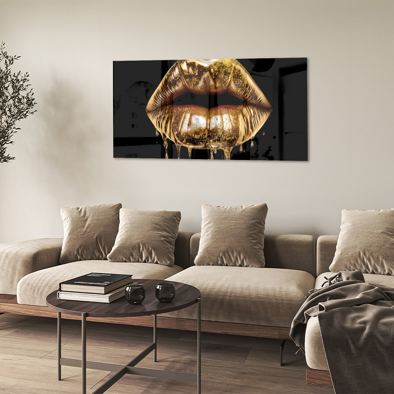 Glasbild mit goldenen Lippen – Wanddekoration für elegante Innenräume – Glasbild aus Sicherheitsglas, Größe 90x60