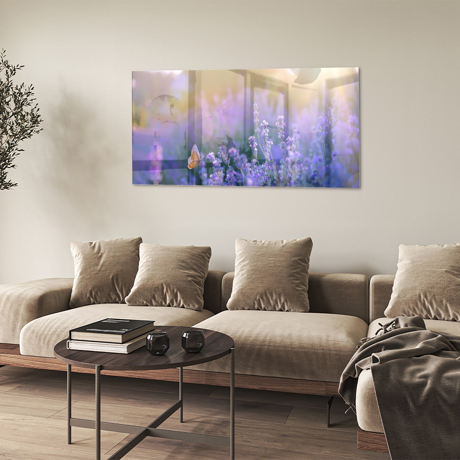 Glasbild mit violettem Lavendel und Schmetterling – Glasbild aus Sicherheitsglas, Größe 90x60