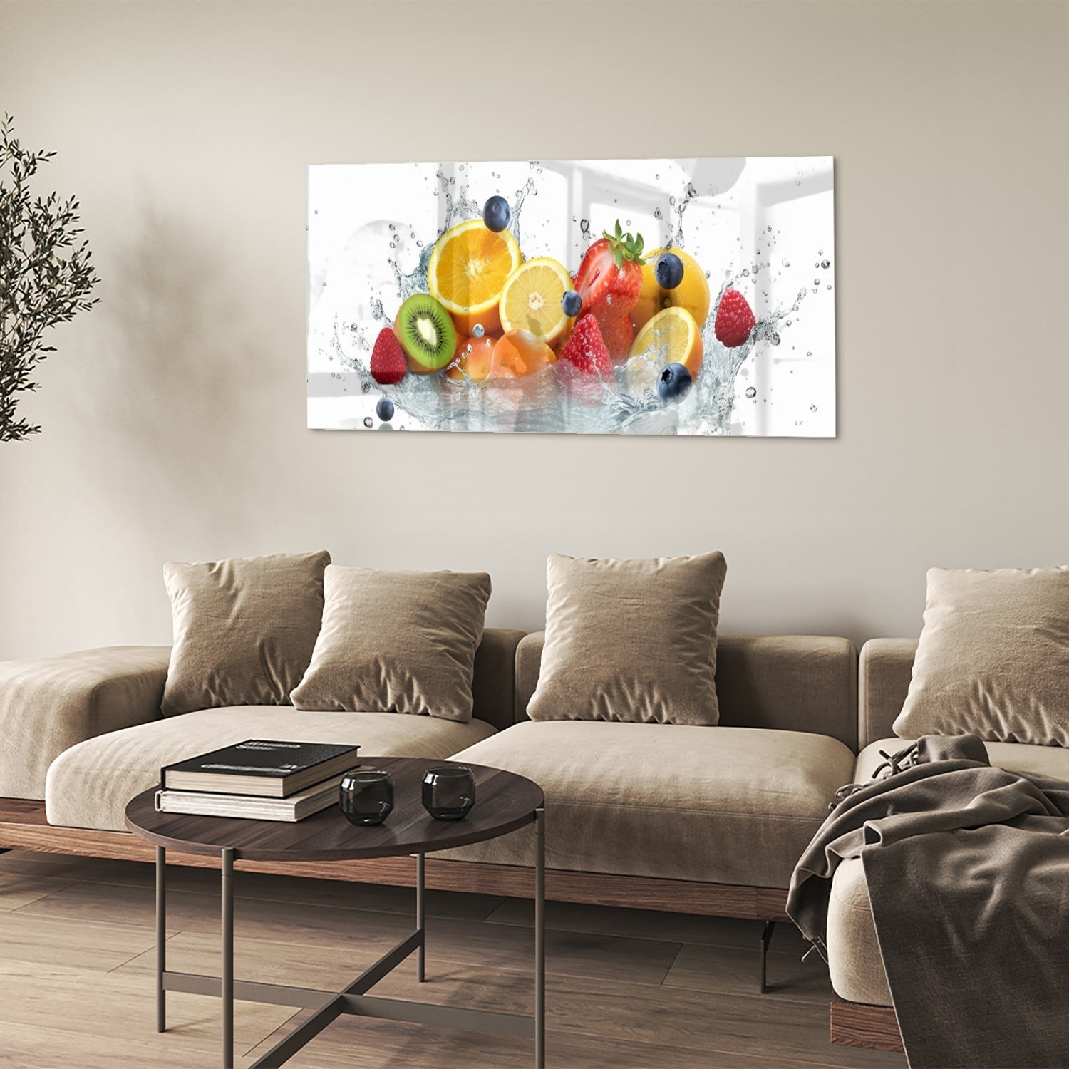 Stimmungsvolles Glasbild mit farbenfroher Fruchtkomposition – Glasbild aus Sicherheitsglas, Größe 90x60