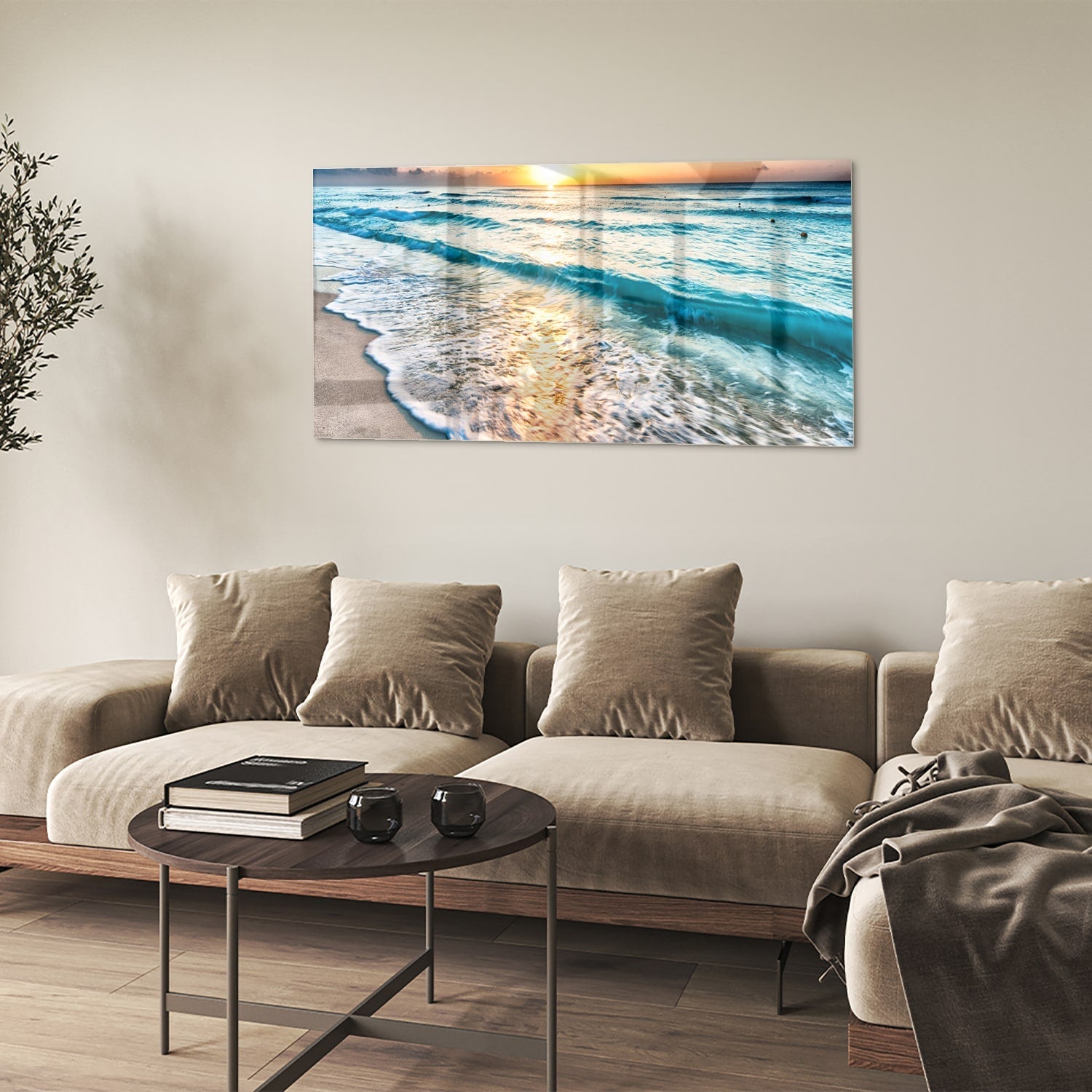 Wunderschönes Glasbild mit einem Sonnenuntergang am See – Glasbild aus Sicherheitsglas, Größe 90x60