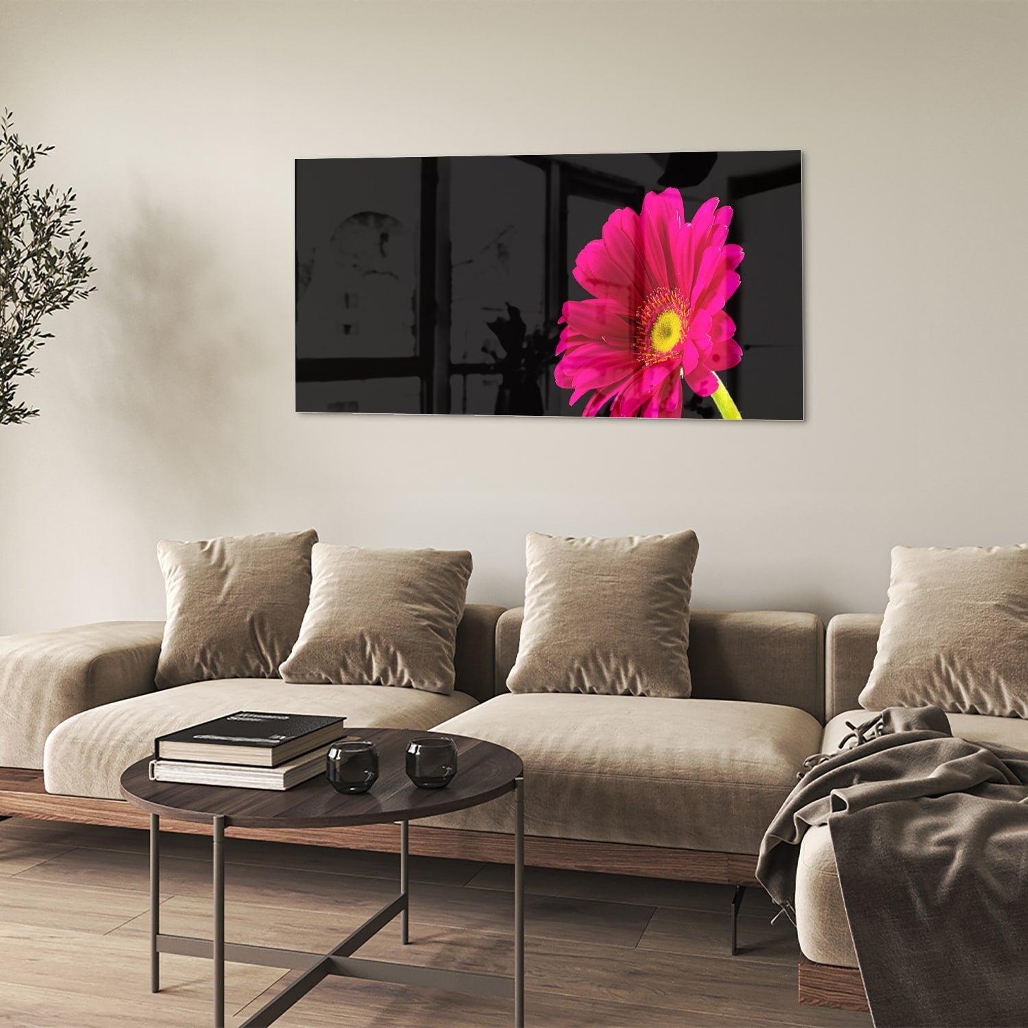 Glasbild – Wunderschöne rosa Gerbera auf schwarzem Hintergrund – Glasbild aus Sicherheitsglas, Größe 90x60