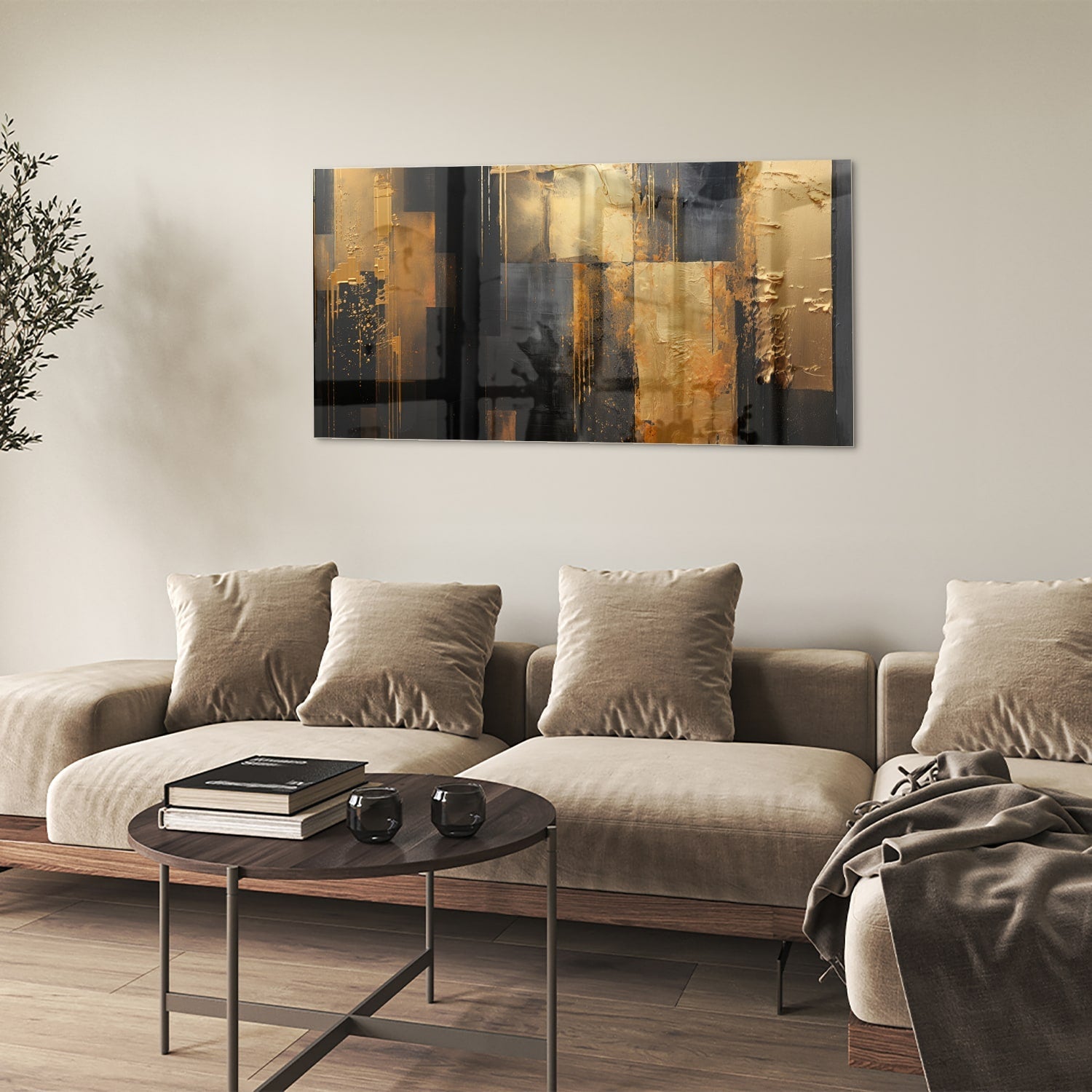 Abstraktes Glasbild in Gold und Schwarz – Glasbild aus Sicherheitsglas, Größe 90x60