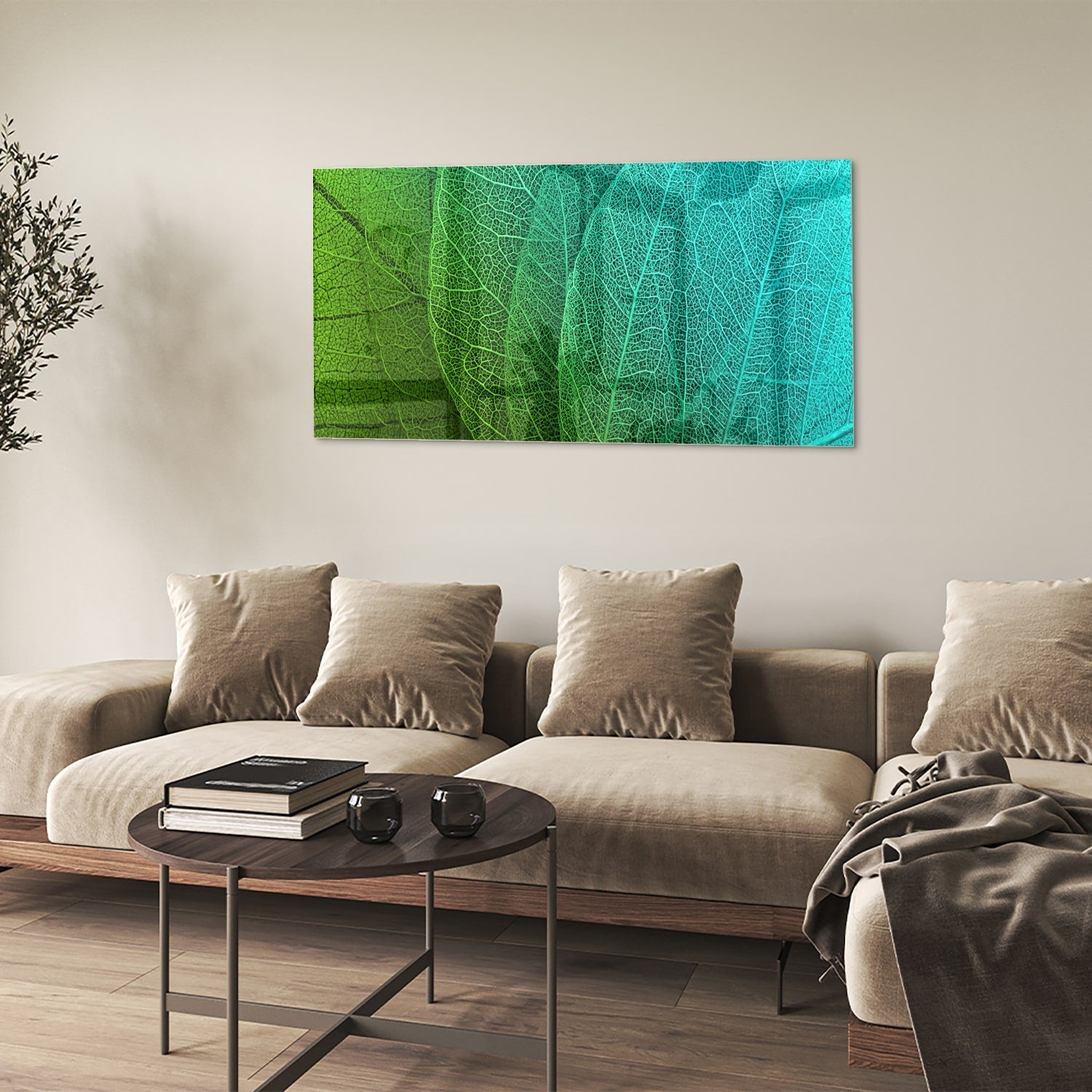 Glasbild mit strukturierter Oberfläche aus grünen Blättern – Glasbild aus Sicherheitsglas, Größe 90x60