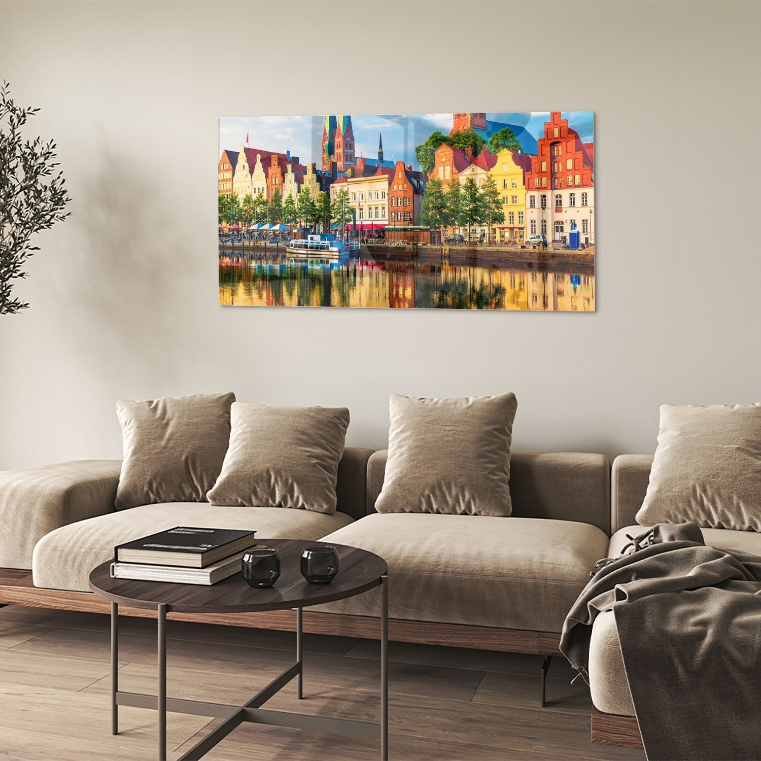 Farbenfrohes Glasbild mit einer Stadtlandschaft – Glasbild aus Sicherheitsglas, Größe 90x60