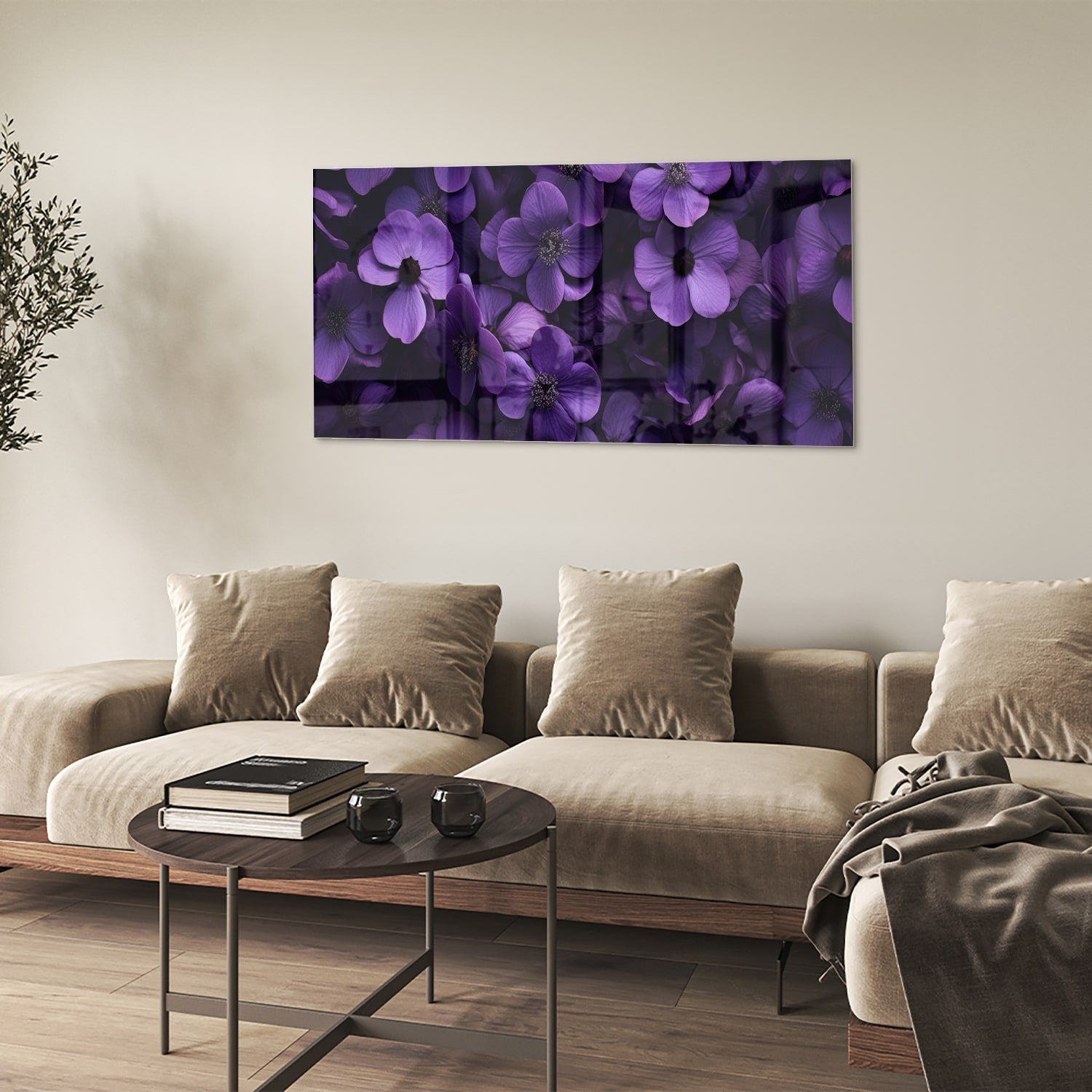 Glasbild mit violetten Blumen für Ihr Interieur – Glasbild aus Sicherheitsglas, Größe 90x60