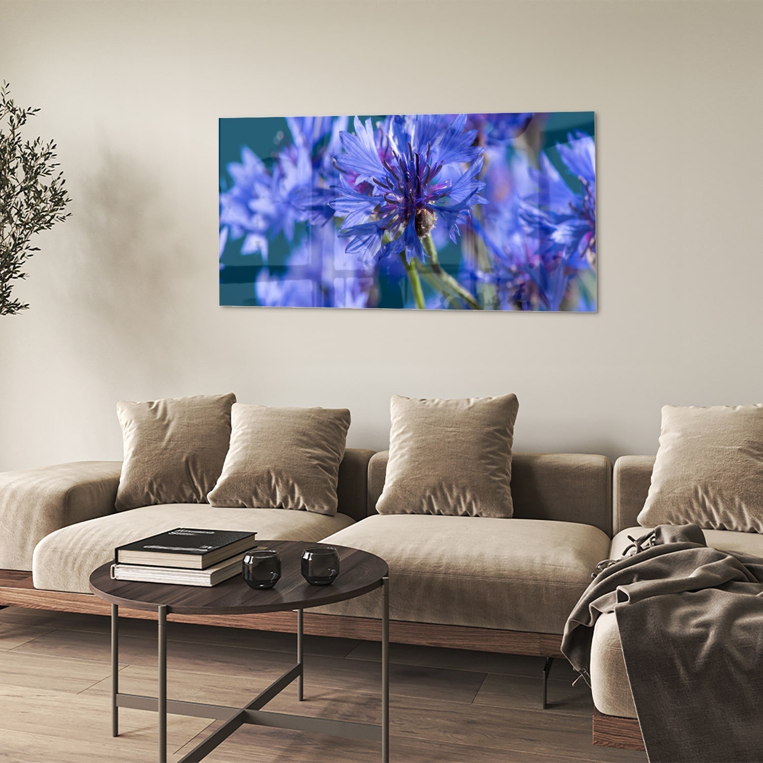 Wunderschönes violettes Glasbild mit Blumenmotiv – Glasbild aus Sicherheitsglas, Größe 90x60