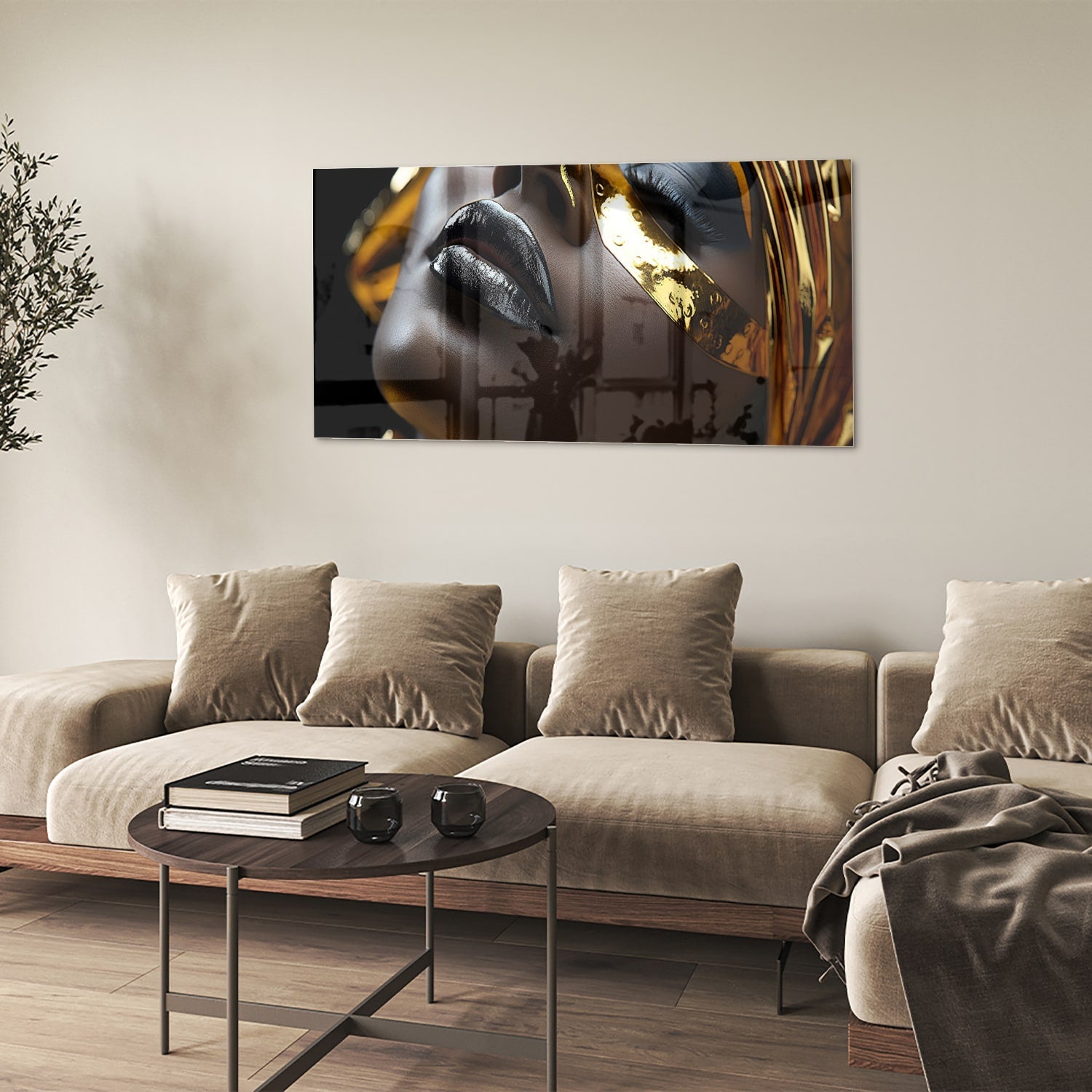 Goldenes und schwarzes Glasbild mit weiblichem Gesicht – Glasbild aus Sicherheitsglas, Größe 90x60