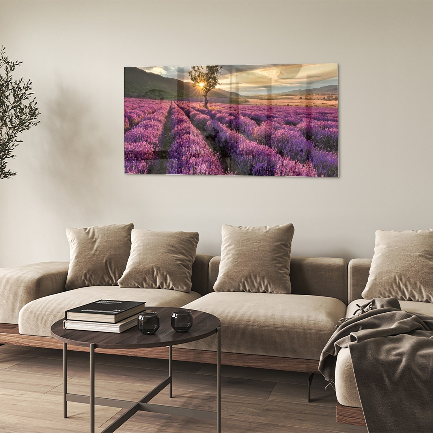 Glasbild mit violetten Lavendelfeldern bei Sonnenuntergang – Glasbild aus Sicherheitsglas, Größe 90x60