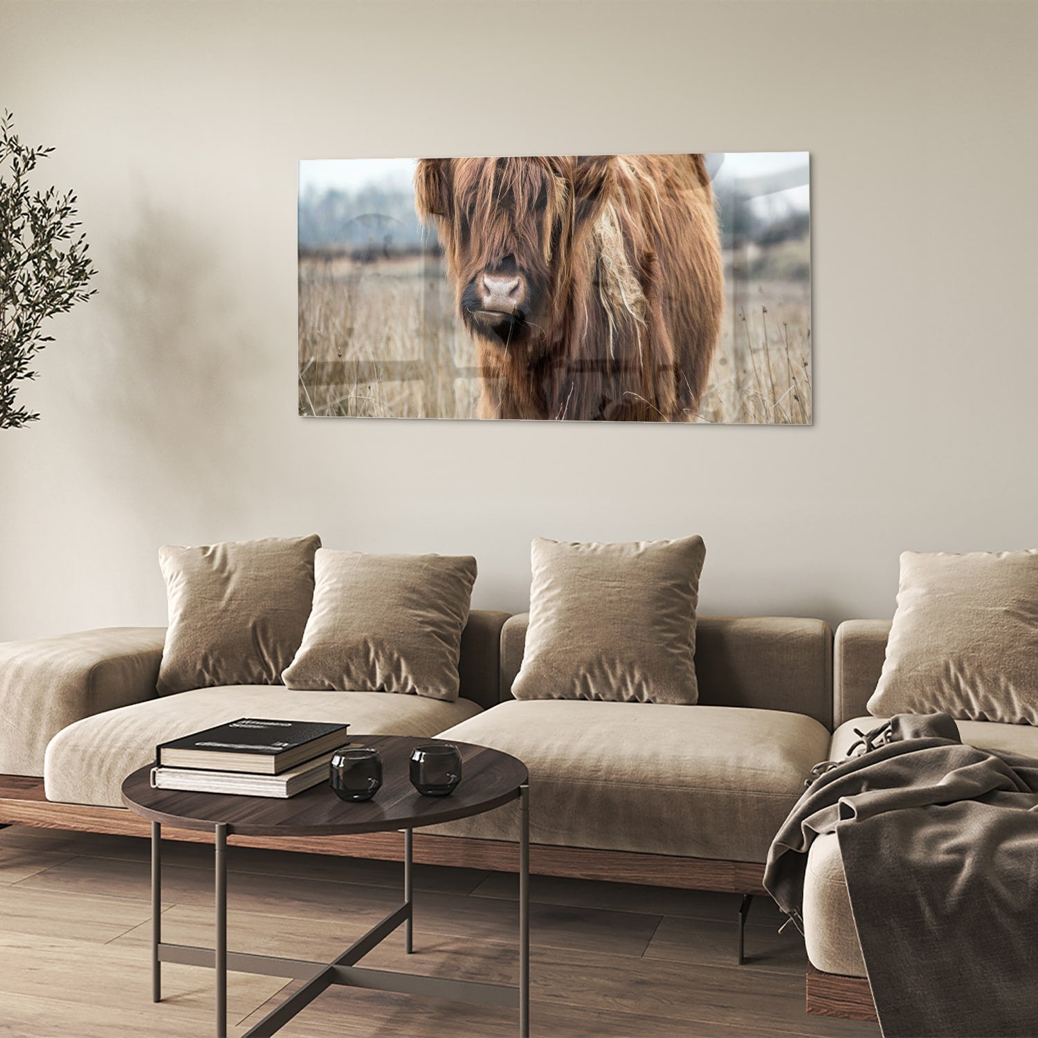 Glasbild mit Hochlandrind in Holzoptik – Glasbild aus Sicherheitsglas, Größe 90x60