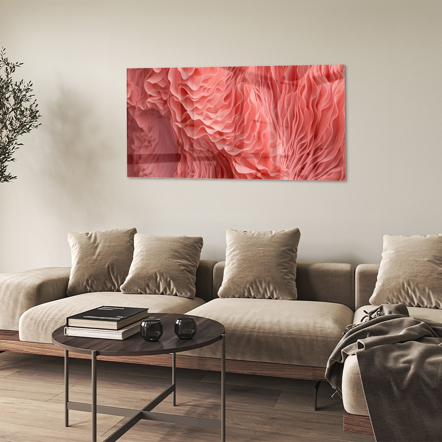Abstraktes rosa Glasbild mit wellenförmigem Muster – Glasbild aus Sicherheitsglas, Größe 90x60