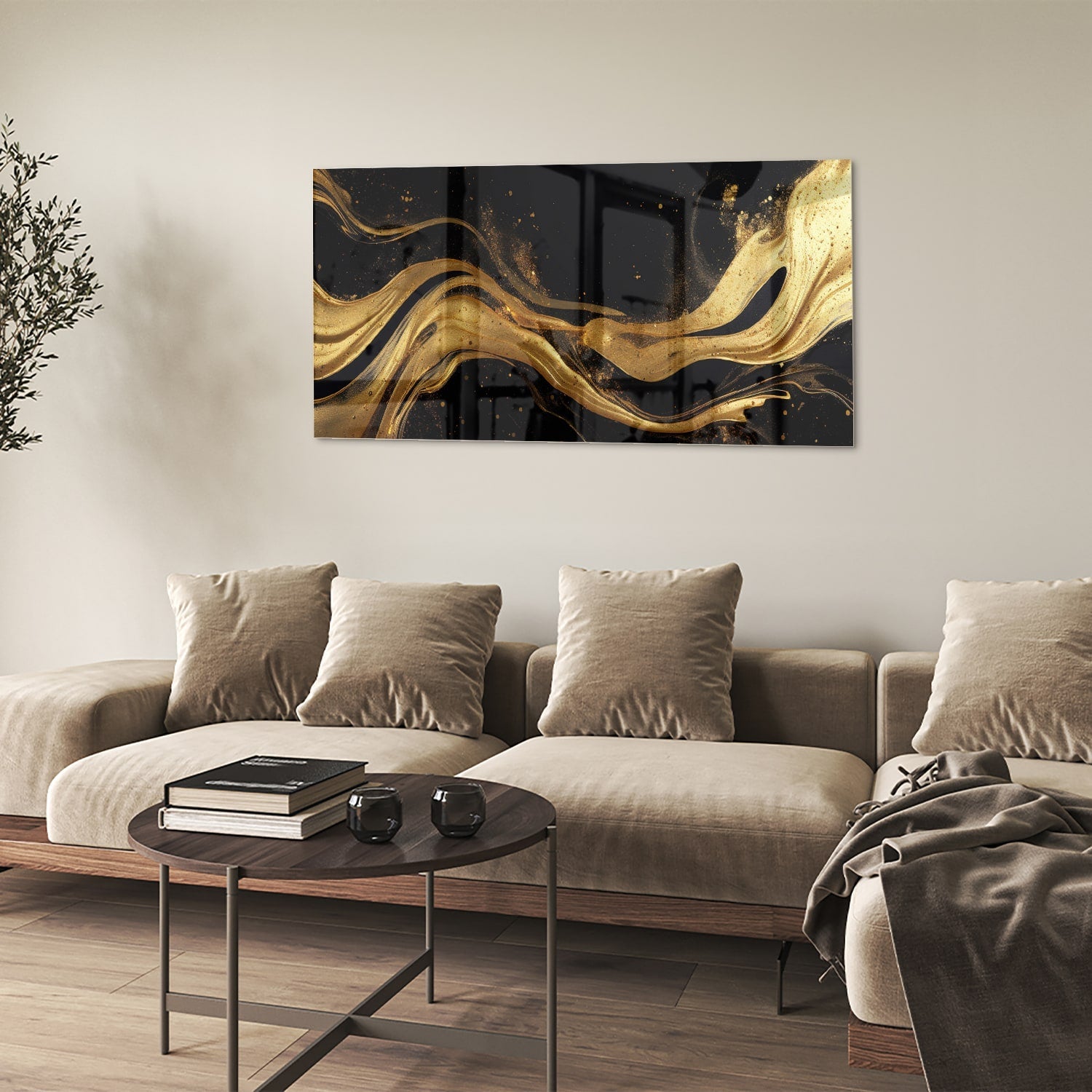 Elegantes Glasbild mit goldenen Linien – Glasbild aus Sicherheitsglas, Größe 90x60