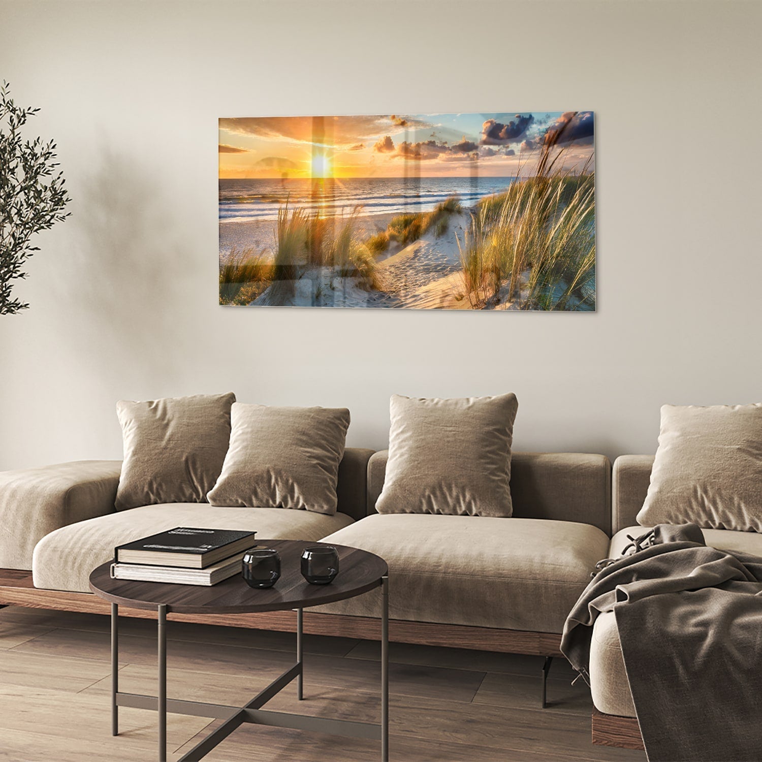 Glasbild – Sonnenuntergang am Strand – Glasbild aus Sicherheitsglas, Größe 90x60