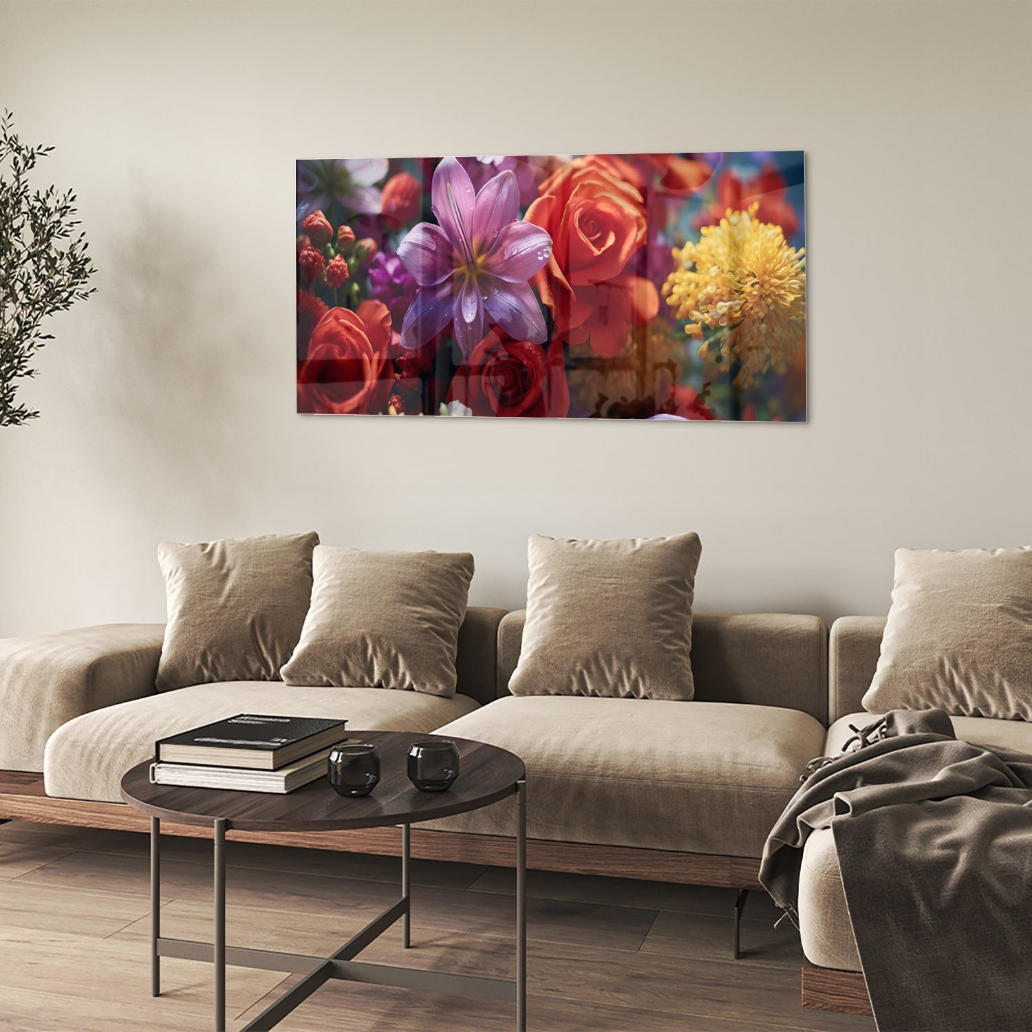 Farbenfrohes Glasbild mit Blütenpracht – Glasbild aus Sicherheitsglas, Größe 90x60