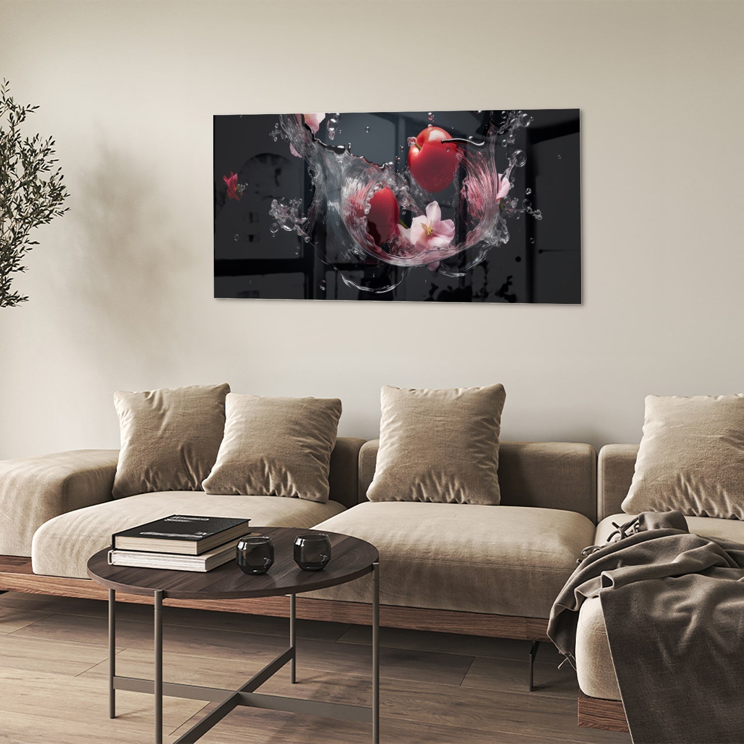 Glasbild mit rosa Blumen und Wassertropfen – Glasbild aus Sicherheitsglas, Größe 90x60