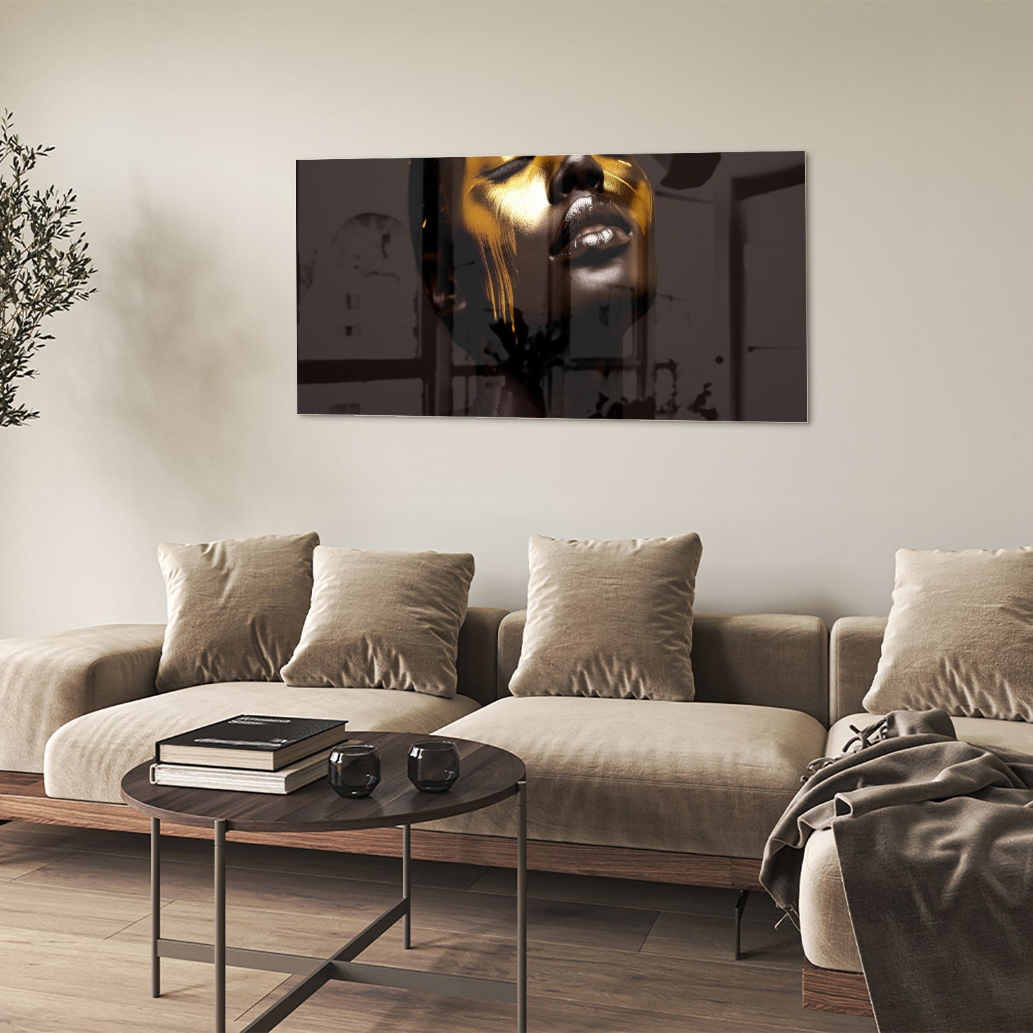 Elegantes Glasbild mit goldenen Akzenten – Glasbild aus Sicherheitsglas, Größe 90x60