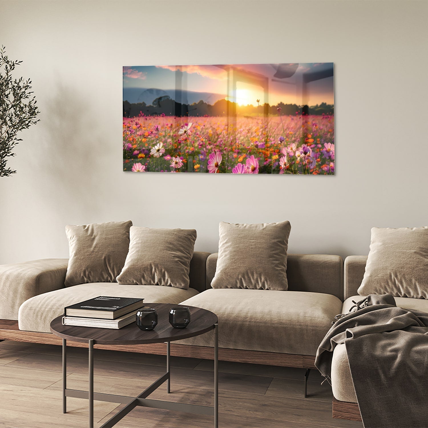 Glasbild – Sonnenuntergang über Blumenfeld – Glasbild aus Sicherheitsglas, Größe 90x60