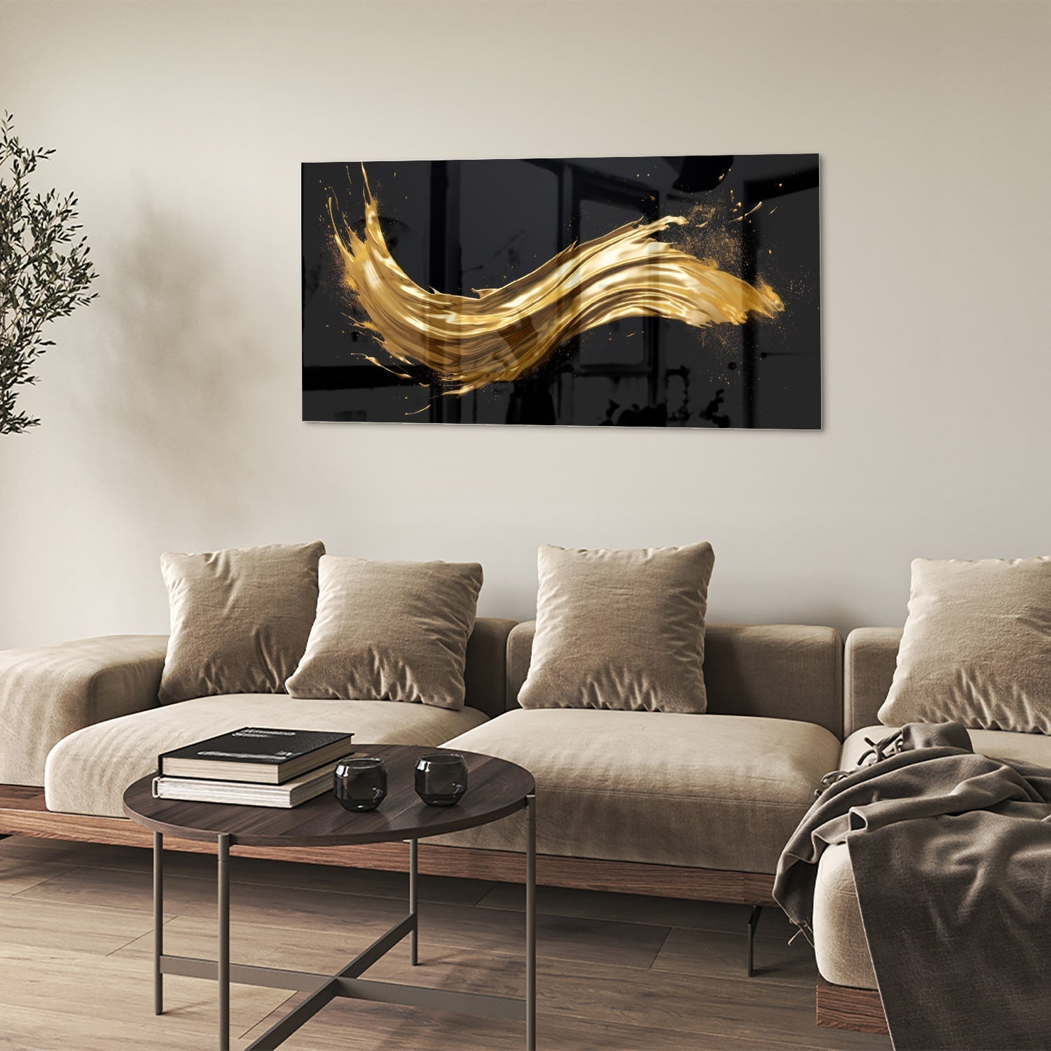 Glasbild mit goldenem Glanz auf schwarzem Hintergrund – Glasbild aus Sicherheitsglas, Größe 90x60