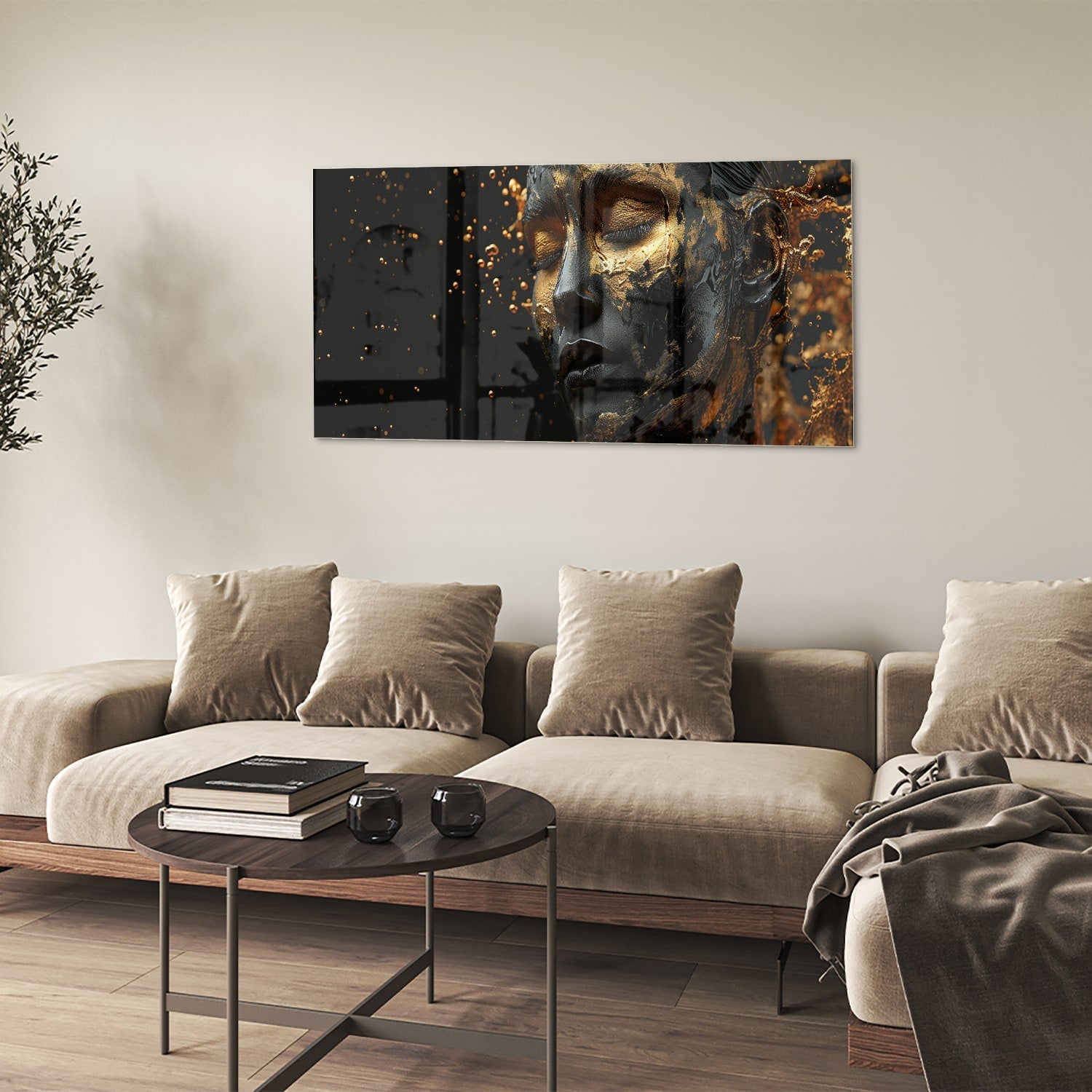 Goldenes Glasbild mit weiblichem Porträt – Glasbild aus Sicherheitsglas, Größe 90x60
