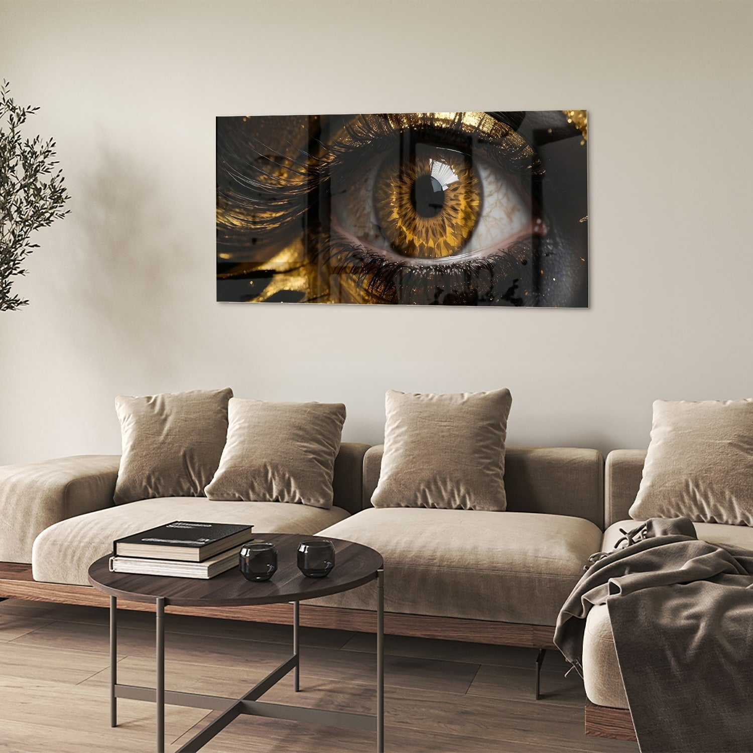 Glasbild Augen-Kunstwerk in Gold und Schwarz – Glasbild aus Sicherheitsglas, Größe 90x60