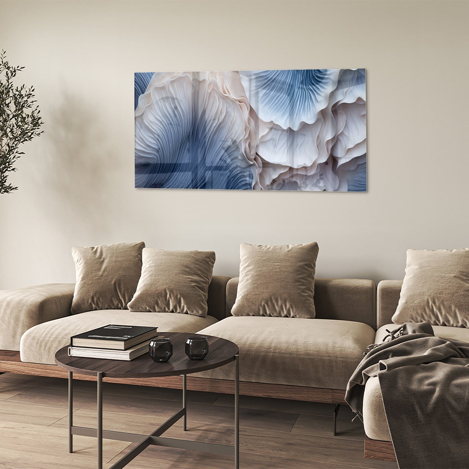 Elegantes Glasbild mit blauen und weißen Mustern – Glasbild aus Sicherheitsglas, Größe 90x60