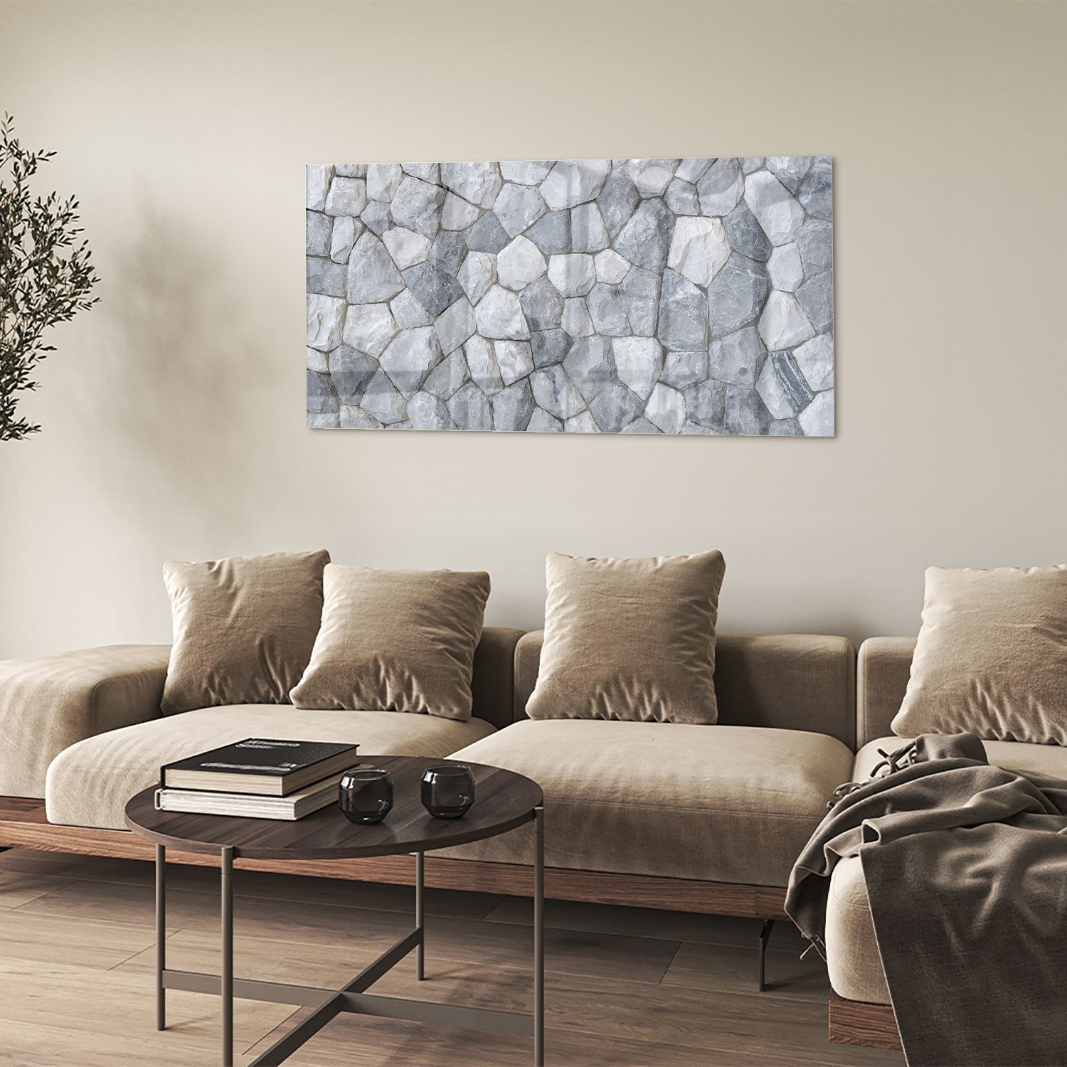 Elegantes Glasbild mit grauen Steinen – Glasbild aus Sicherheitsglas, Größe 90x60