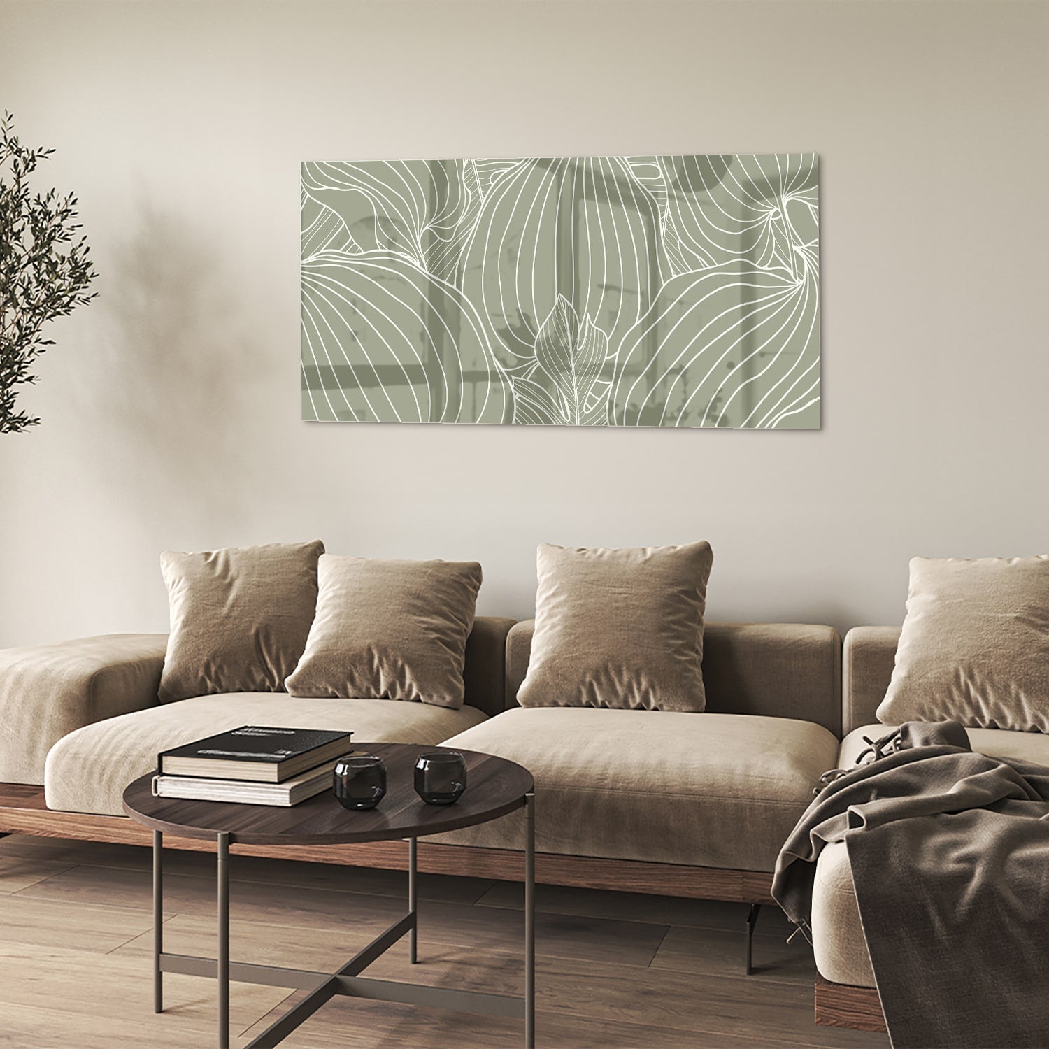 Glasbild mit sanften Linien und Erdtönen – Glasbild aus Sicherheitsglas, Größe 90x60