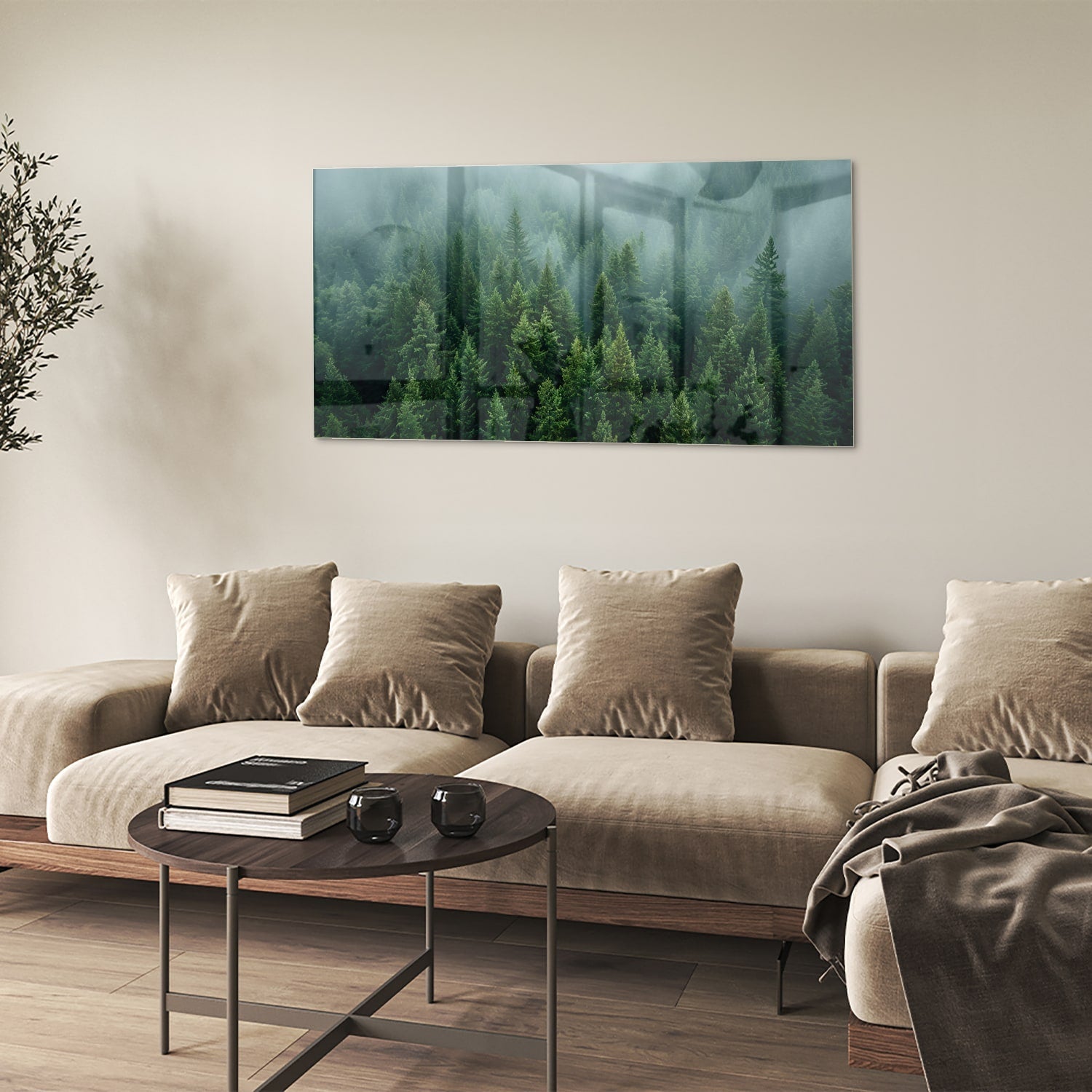 Glasbild mit nebligen Tannenwäldern – Glasbild aus Sicherheitsglas, Größe 90x60