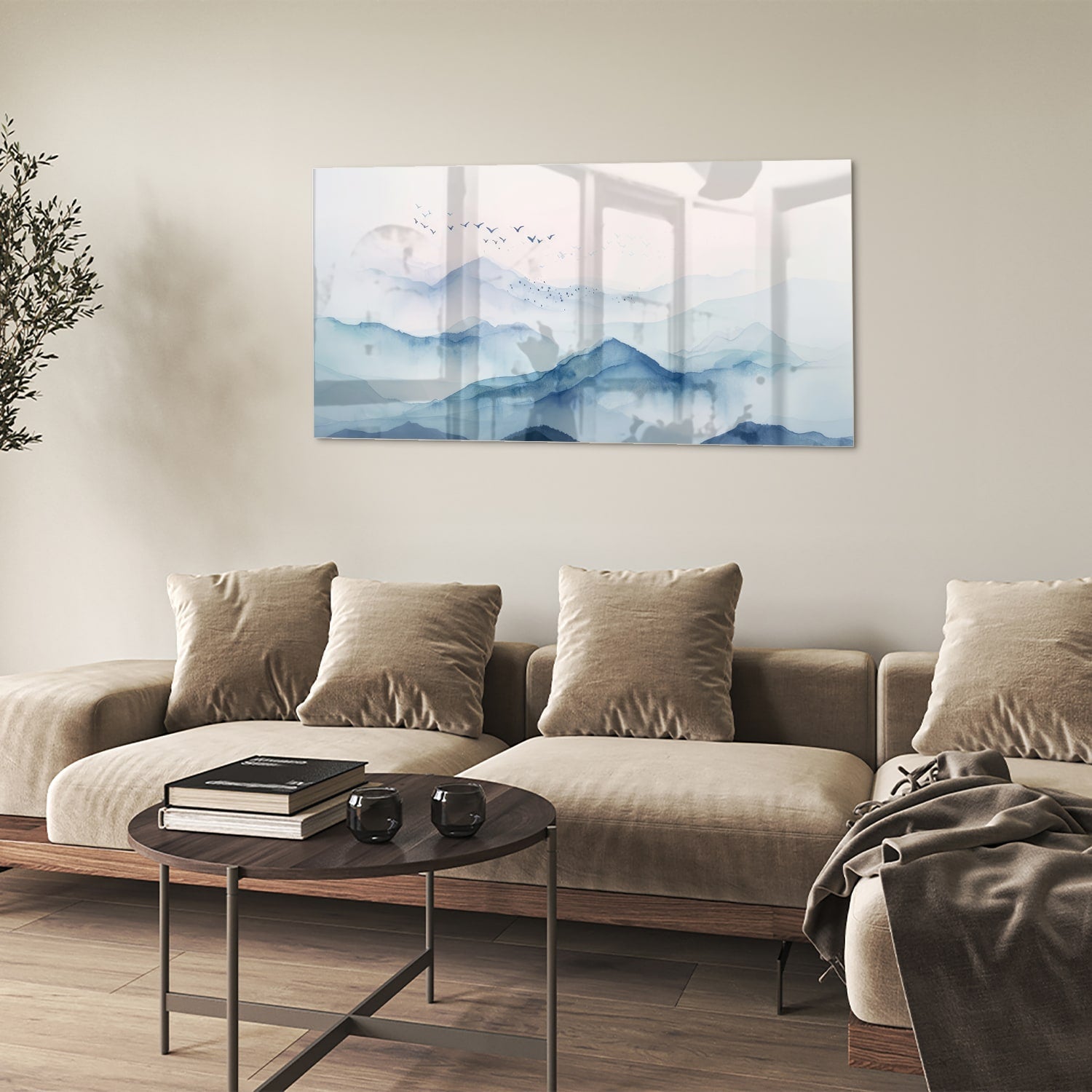 Ruhiges Glasbild mit blauen Bergen – Glasbild aus Sicherheitsglas, Größe 90x60