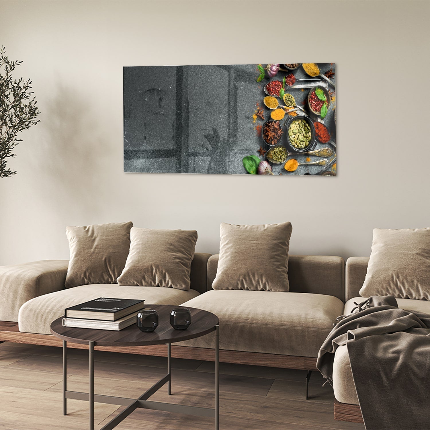 Farbenfrohes Glasbild mit Kräutern und Gewürzen – Glasbild aus Sicherheitsglas, Größe 90x60