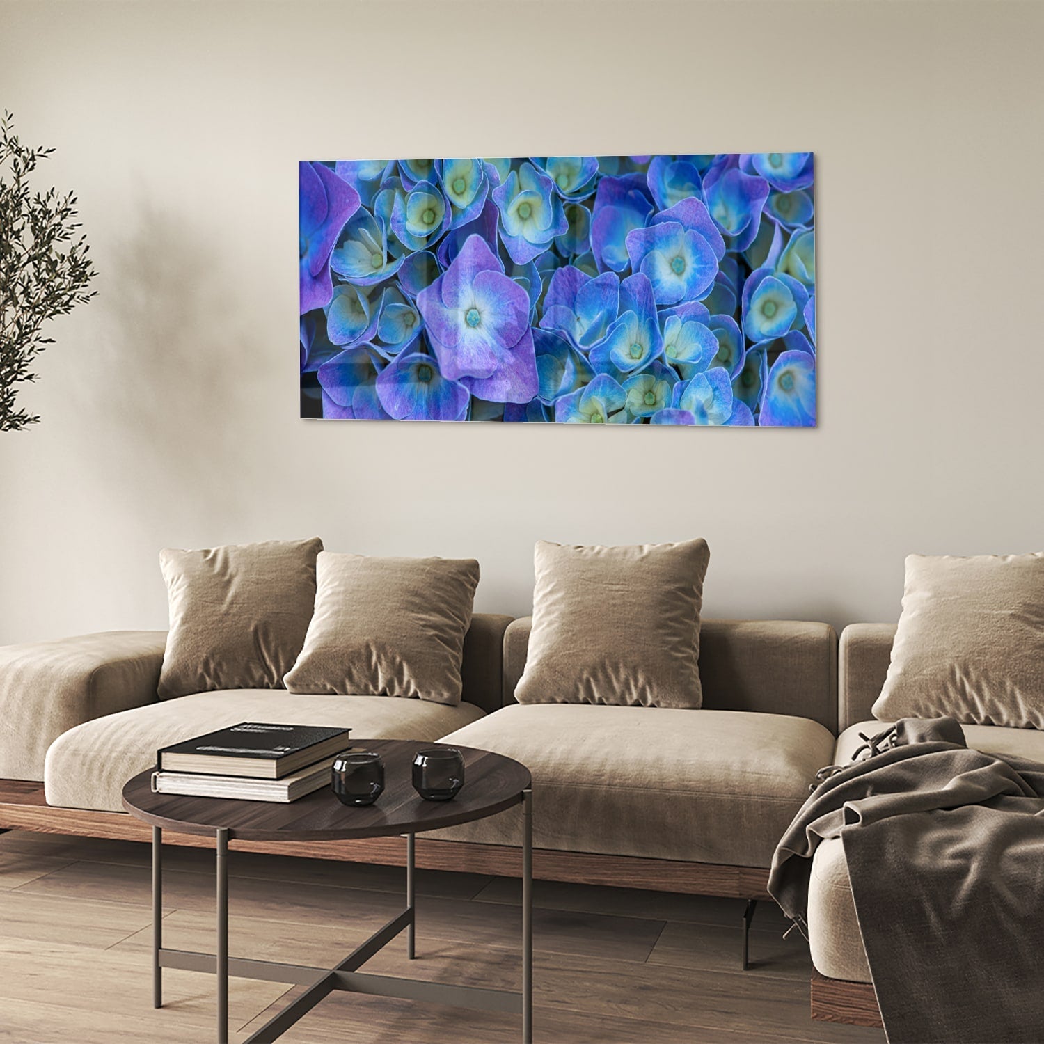 Farbenfrohes Glasbild mit blauen Blumen – Glasbild aus Sicherheitsglas, Größe 90x60