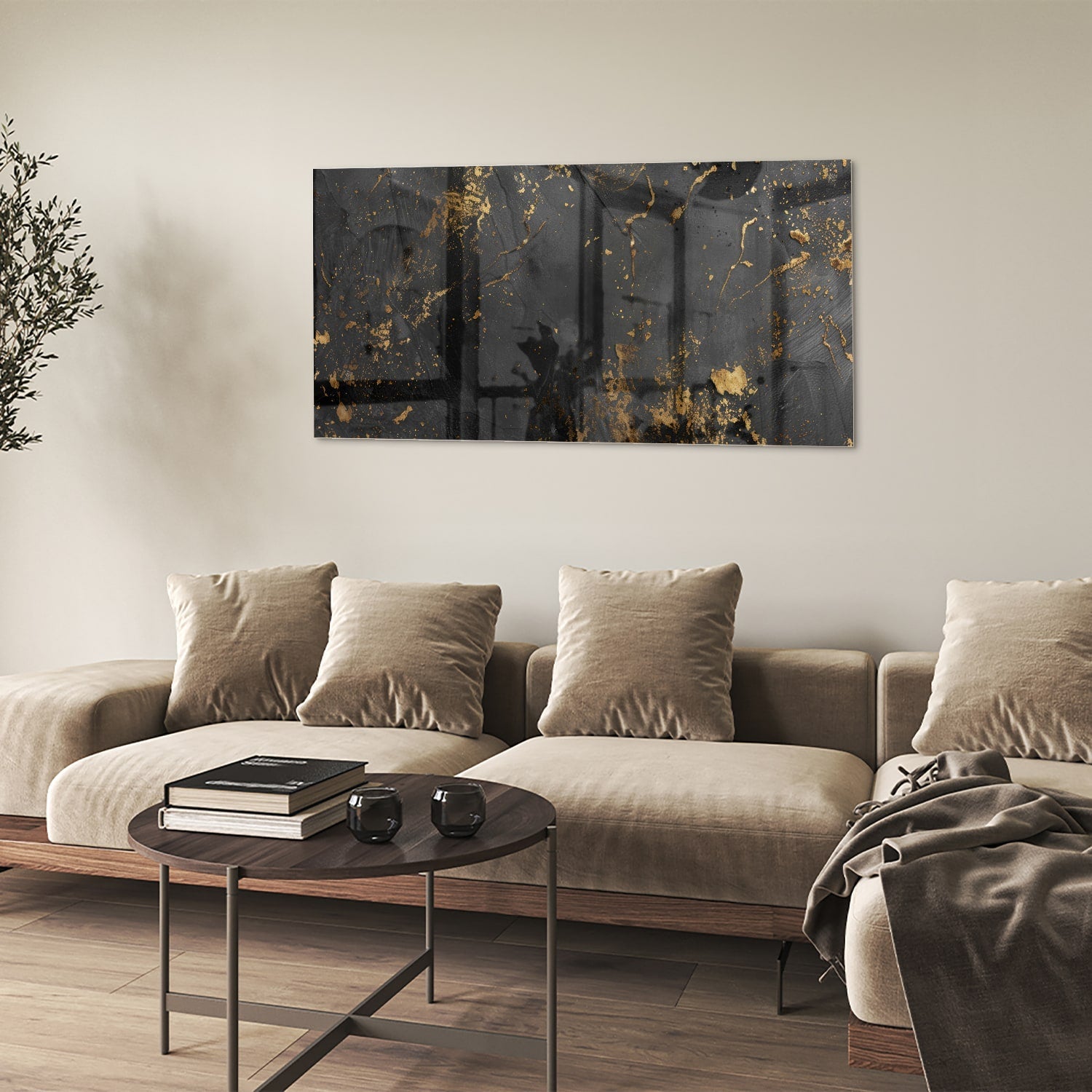 Gold-schwarzes Glasbild mit abstrakten Spritzern – Glasbild aus Sicherheitsglas, Größe 90x60