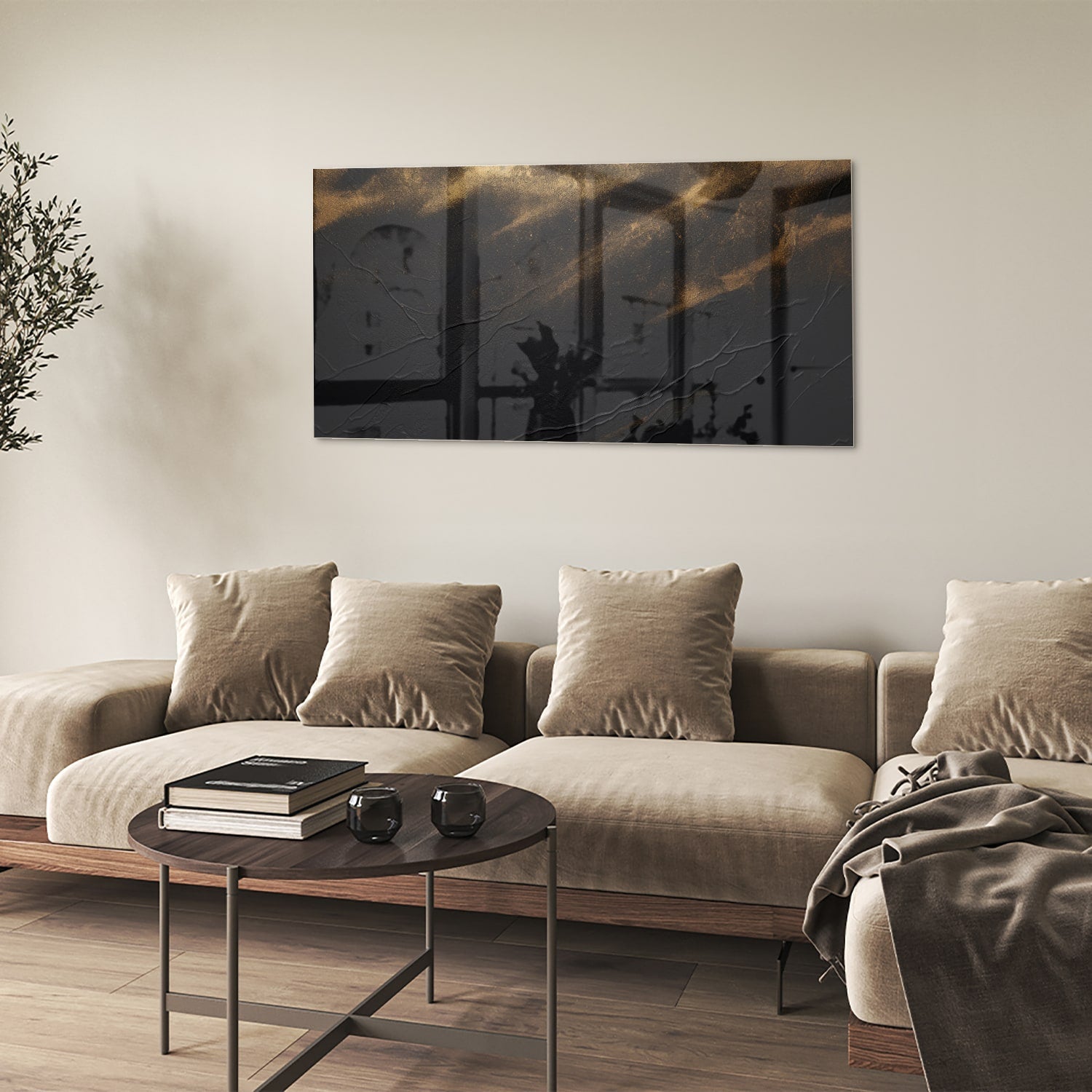 Modernes Glasbild mit goldenen Akzenten – Glasbild aus Sicherheitsglas, Größe 90x60